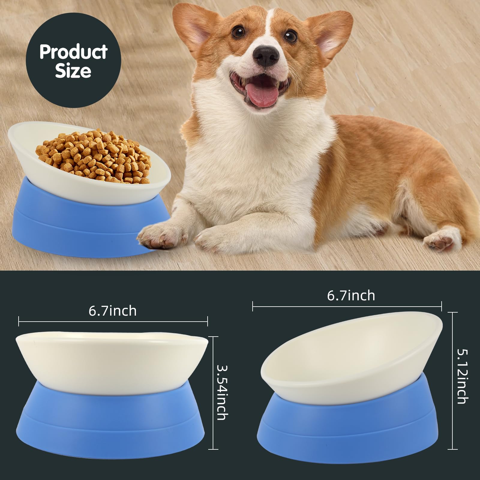 Bulldog Bowl Anti-Slip Dog Cat Dish Detachable Rubber Dog Bowl Pet Sterile Tilted Pet Feeder Slope Base (Blue, 2 Cup (Small/Medi
