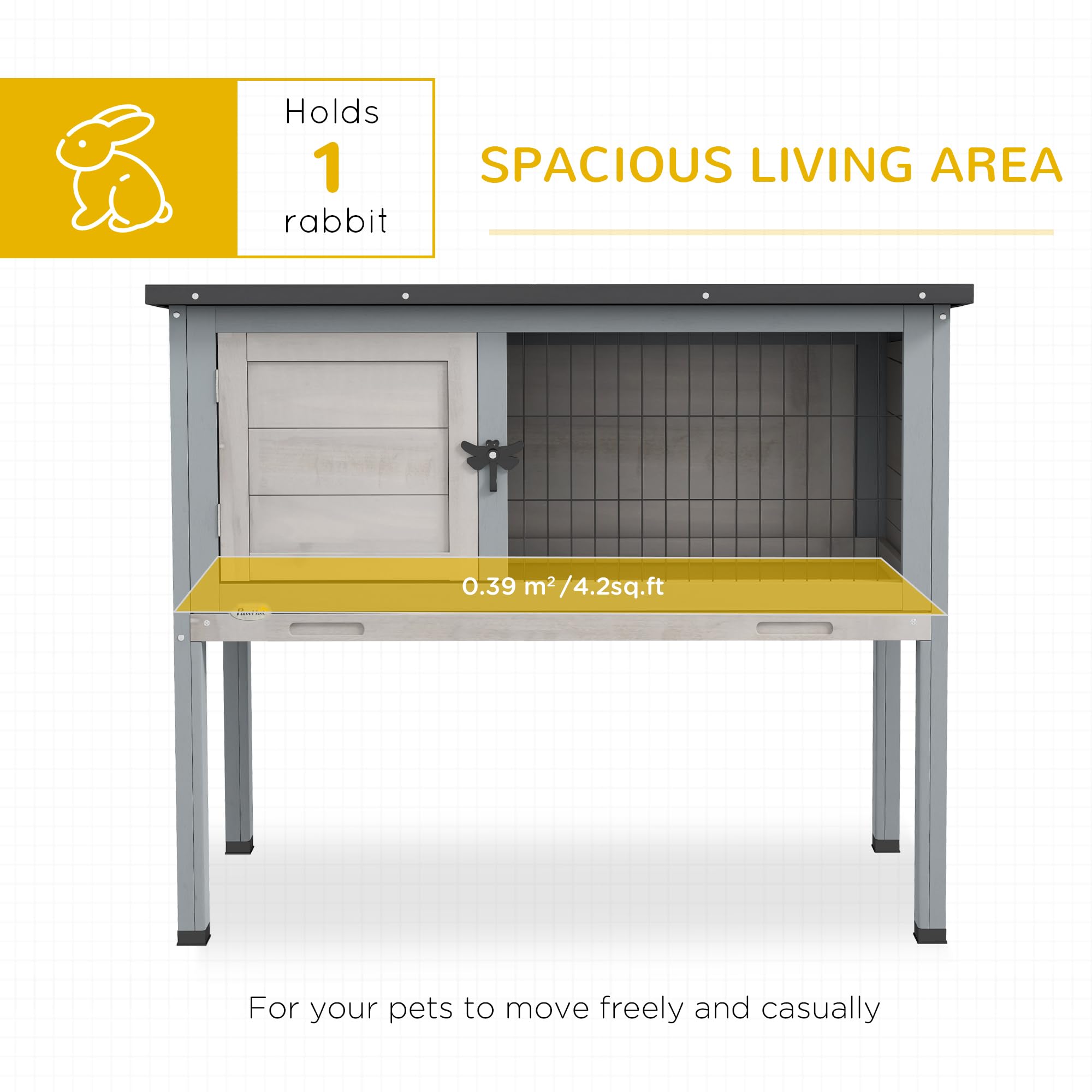 Pawhut Elevated Wooden Rabbit Hutch, Indoor/Outdoor Bunny Cage With Hinged Asphalt Roof And Removable Tray For Guinea Pig, Gray