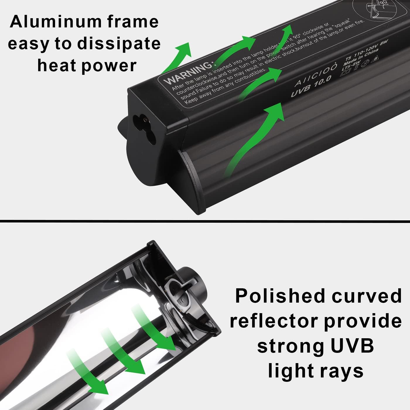 Aiicioo T5 UVB Lighting Combo Kit 12" Fixture & 8W Bulb for Reptiles, Black, Model AI-T5-10