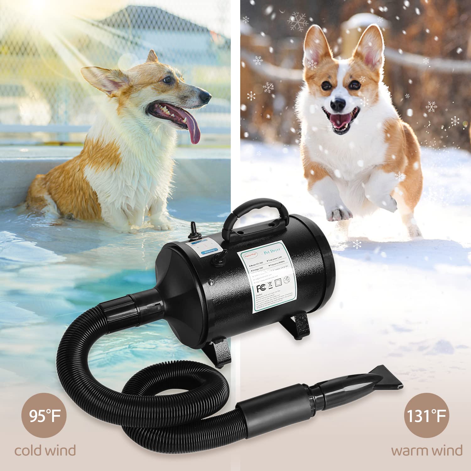 display4top Dog Dryer - 2400W High Velocity Pet Blower with Adjustable Heat & 3 Nozzles - 4 Piece Set - Black