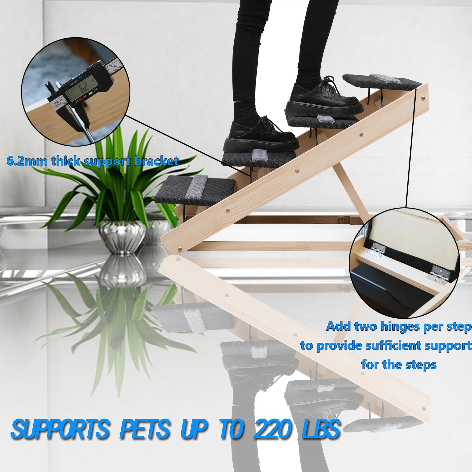 Wotunest 2-in-1 Pet Ramp - Folding Dog Stairs, Adjustable 11.8" to 23.6", Non-Slip Surface, Wood Black, Model DR001