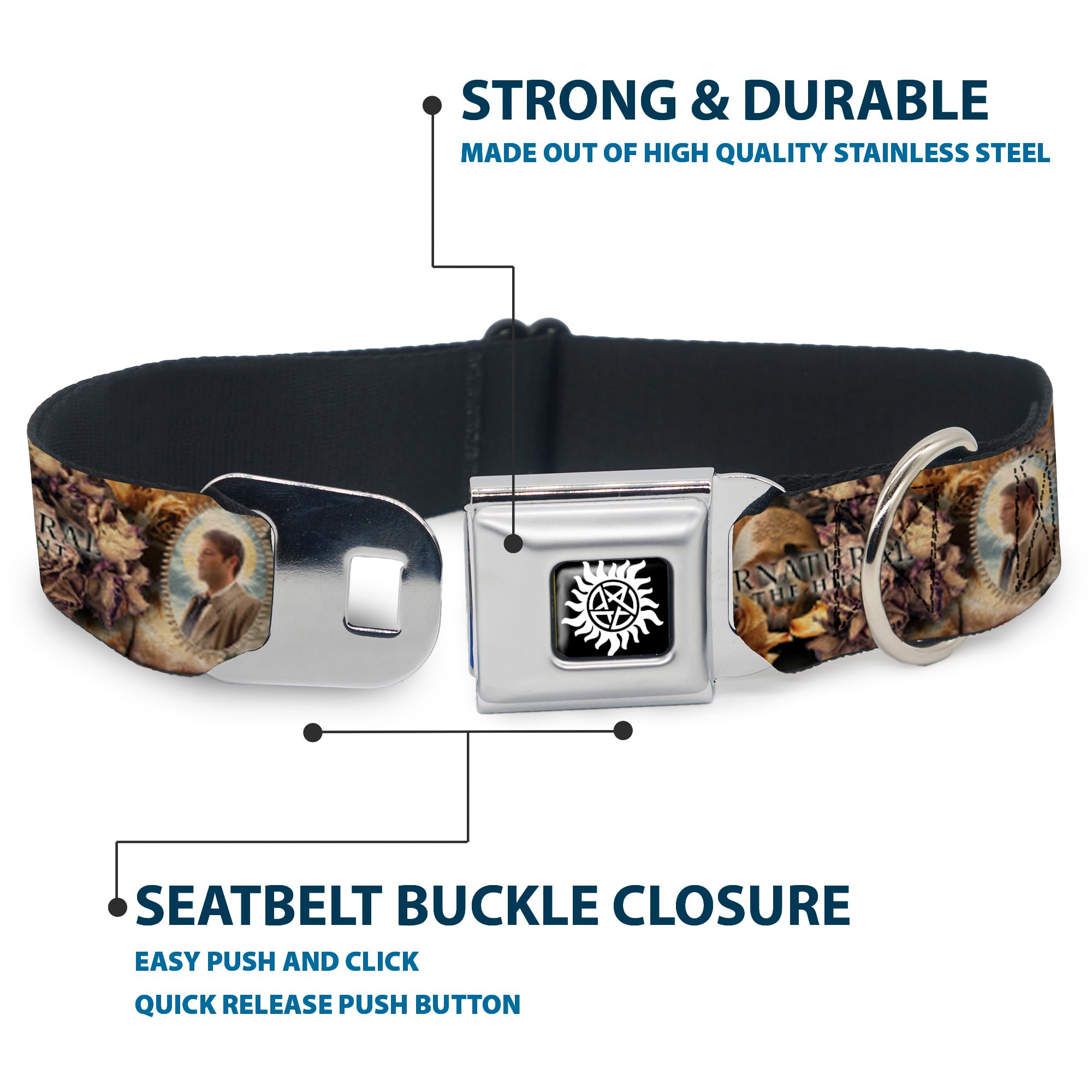 Buckle-Down Dog Collar Seatbelt Buckle Supernatural 4 Character Saintly Icons Skull Roses, 1 Wide - Fits 11-17 Neck - Medium