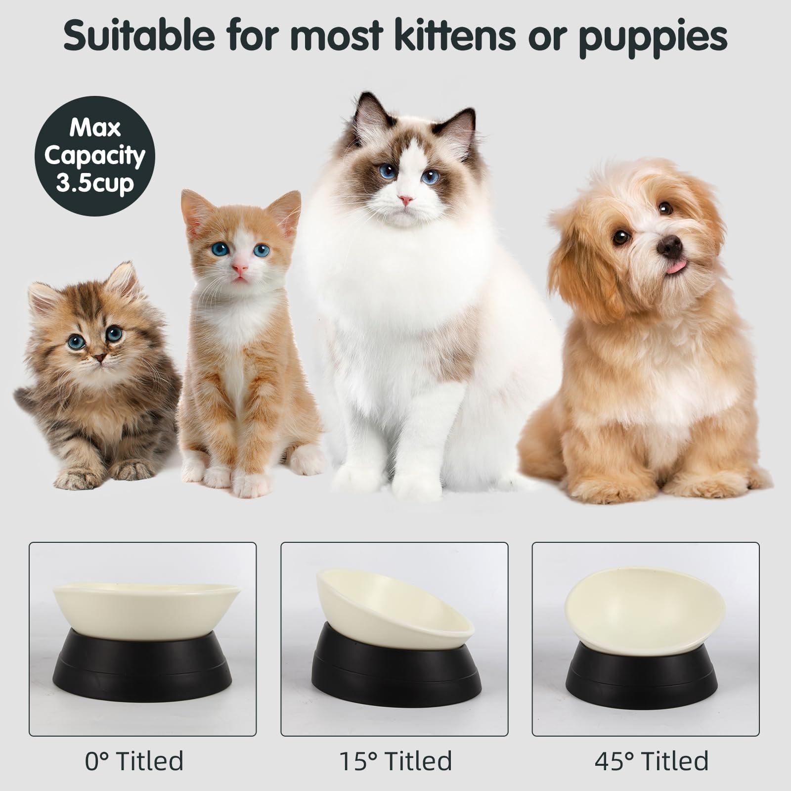 Bulldog Bowl Anti-Slip Dog Cat Dish Detachable Rubber Dog Bowl Pet Sterile Tilted Pet Feeder Slope Base (Black, 3.5 Cup (Medium/