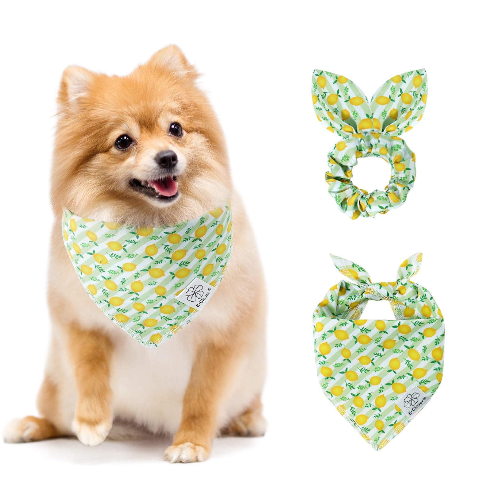 E-Clover Summer Lemon Dog Bandanas & Matching Scrunchie Set Green Stripe Dog Scarf Bibs Pet Bandana With Bow Tie For Small Dogs 