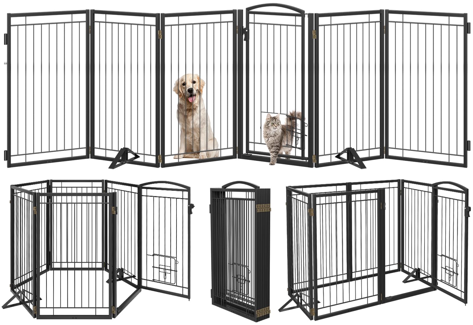 Metal Freestanding Dog Gate with Cat Door for Indoor&Outdoor,120 Extra Wide Foldable Pet Gate,36 Tall Foldable Indoor Dog Fence 