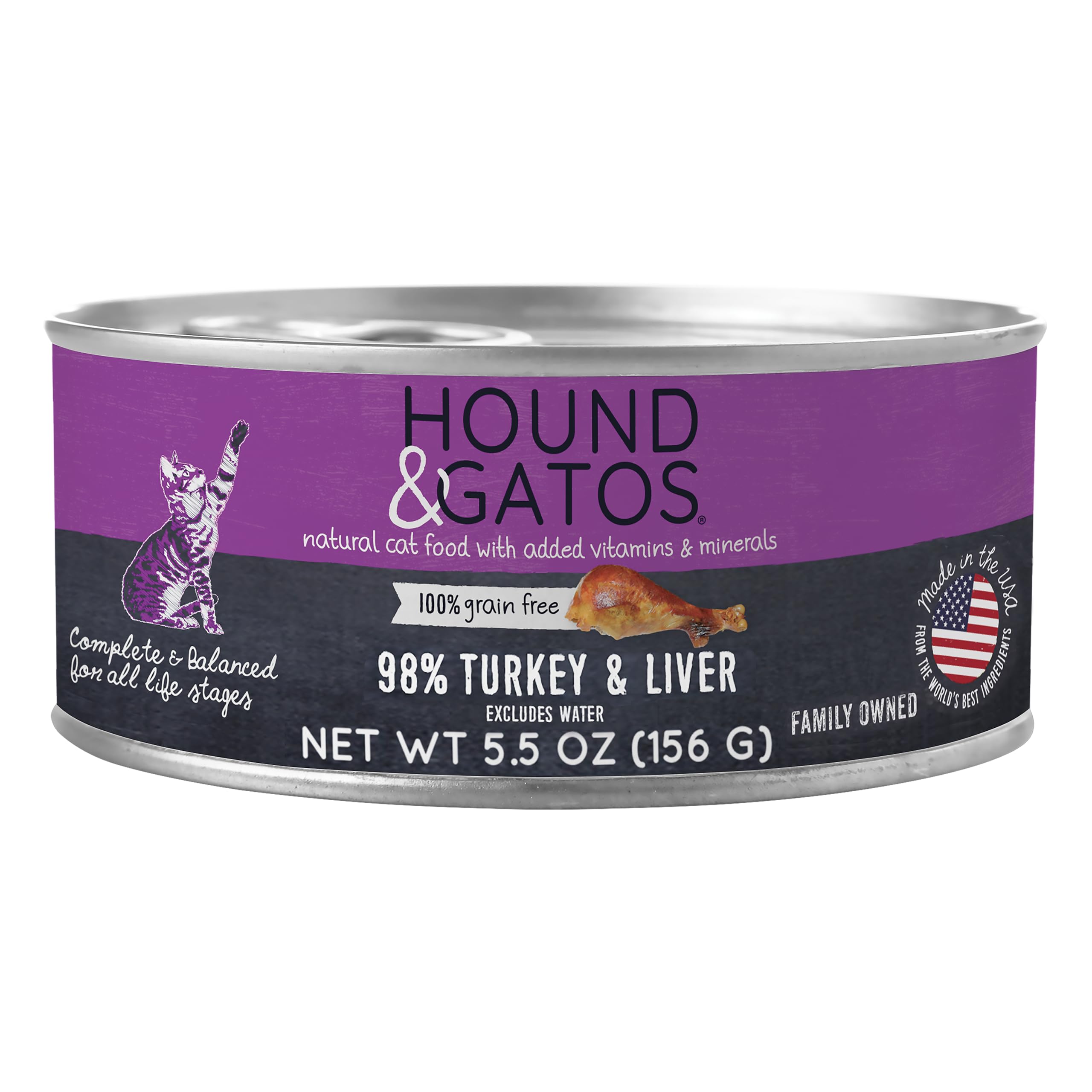 Hound & Gatos Wet Cat Food, 98% Turkey & Liver, Grain Free Pate Cat Food, Real Meat, High Protein, Limited Ingredients, No Addit