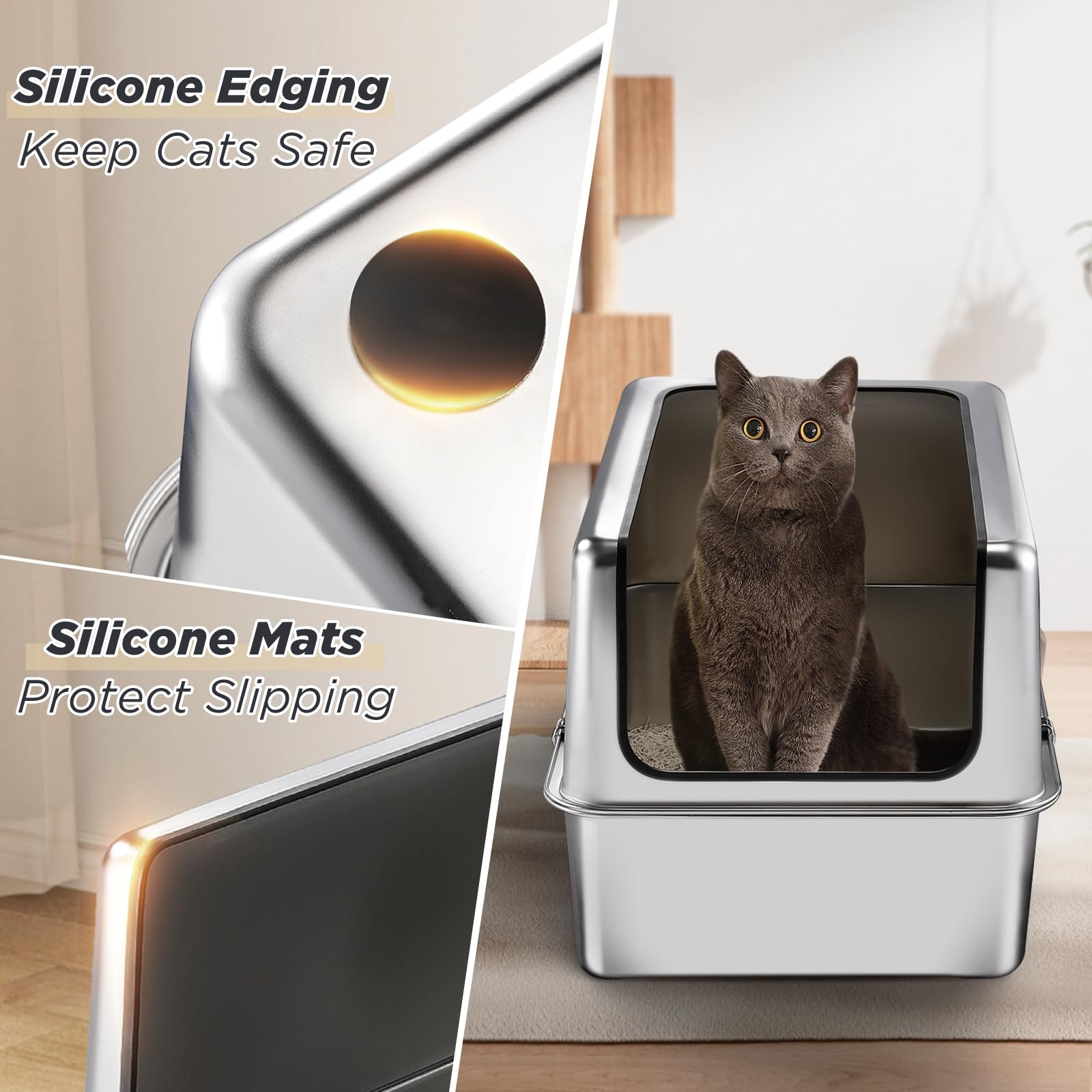 Ipow Xxl All Stainless Steel Litter Box & Mat For Large Cats - Ultra Sturdy & Odor-Free