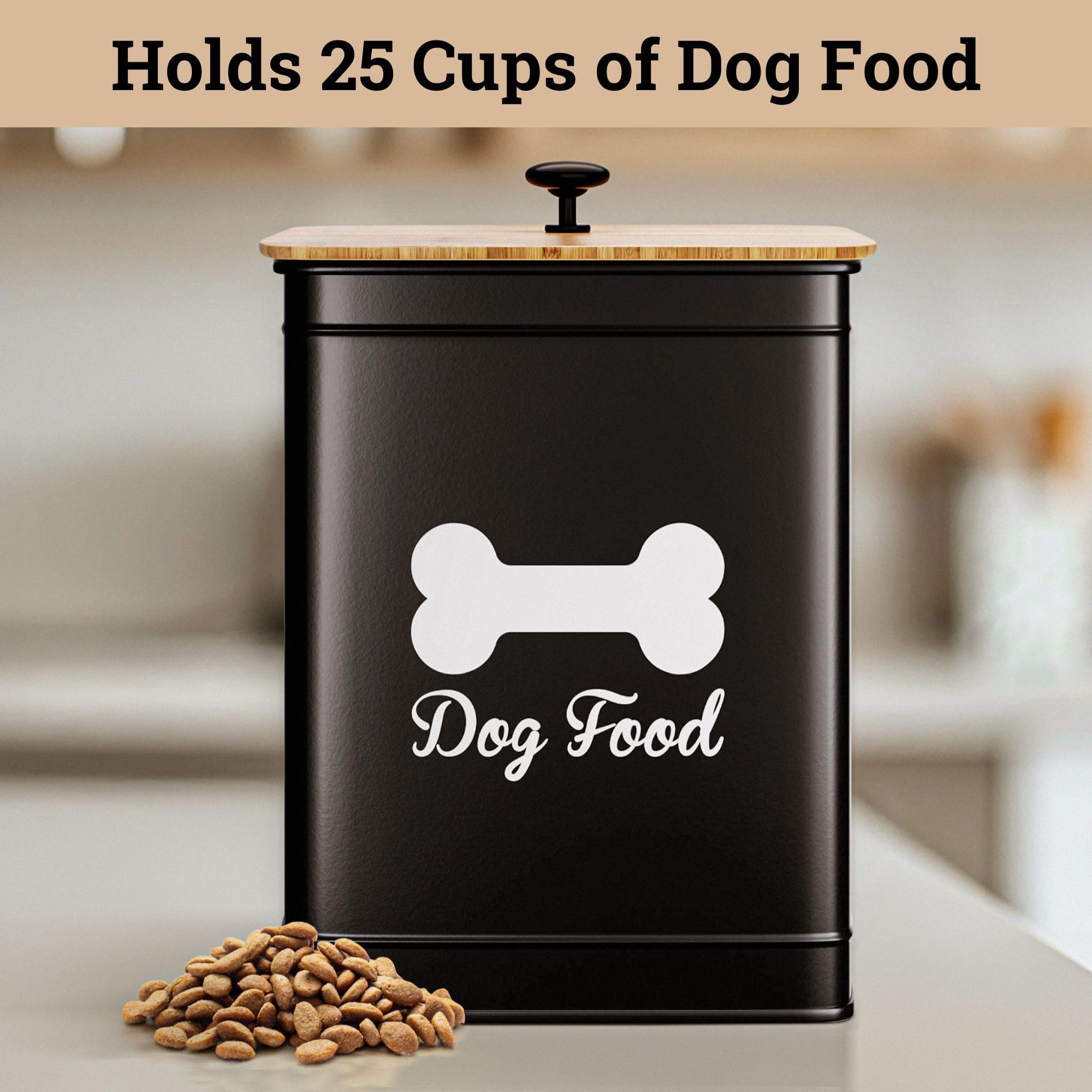 Dog Food Container Airtight 5-10 lb (25 Cup) Capacity - Cute Airtight Dog Food Storage Container with Bamboo Lid & Sturdy Metal