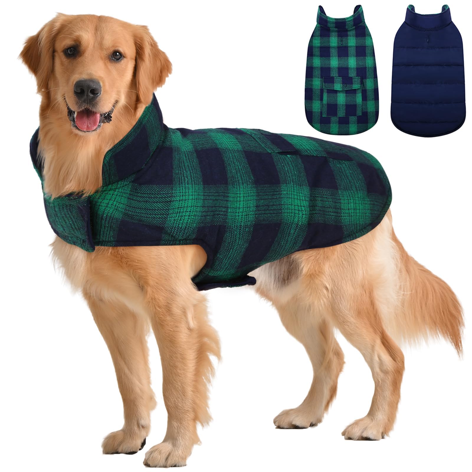 Kuoser Reversible Dog Jacket, Warm Winter Coat For Small Medium & Large Dogs - British Style, Windproof, Green, Xl