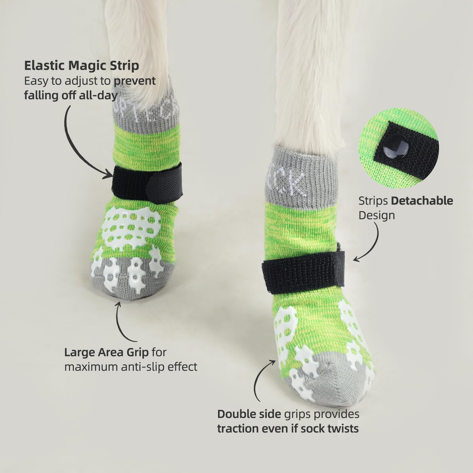 Pupteck Anti-Slip Dog Socks With Double Sides Grips For Small Medium Large Dogs Hardwood Floors Prevents Licking, Dog Shoes For Hot Pavement Traction Control For Senior Dogs, Fluorescent Green, M