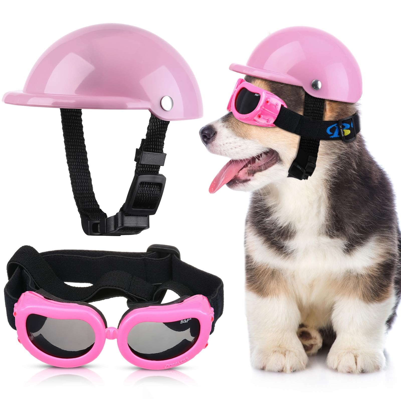 Small Dog Helmet Goggles Uv Protection Doggy Sunglasses Pet Dog Glasses Motorcycle Hard Safety Hat With Adjustable Belt Windproof Snowproof Eye Head Protection For Puppy Riding, S Size (Pink)