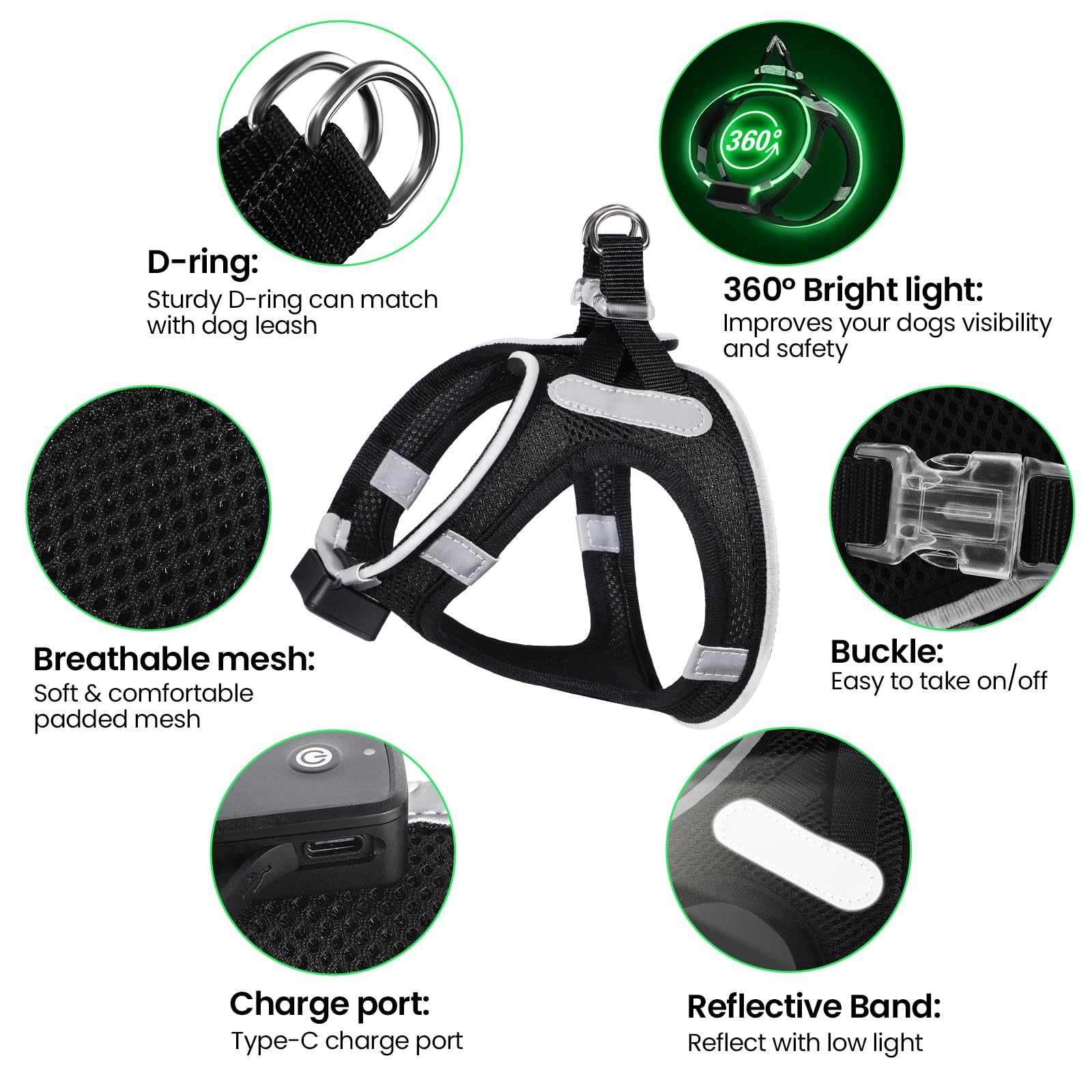 Pceotllar Light Up Dog Harness, Led Dog Harness For Small Medium Dogs, For Night Walking (Black Green,M)