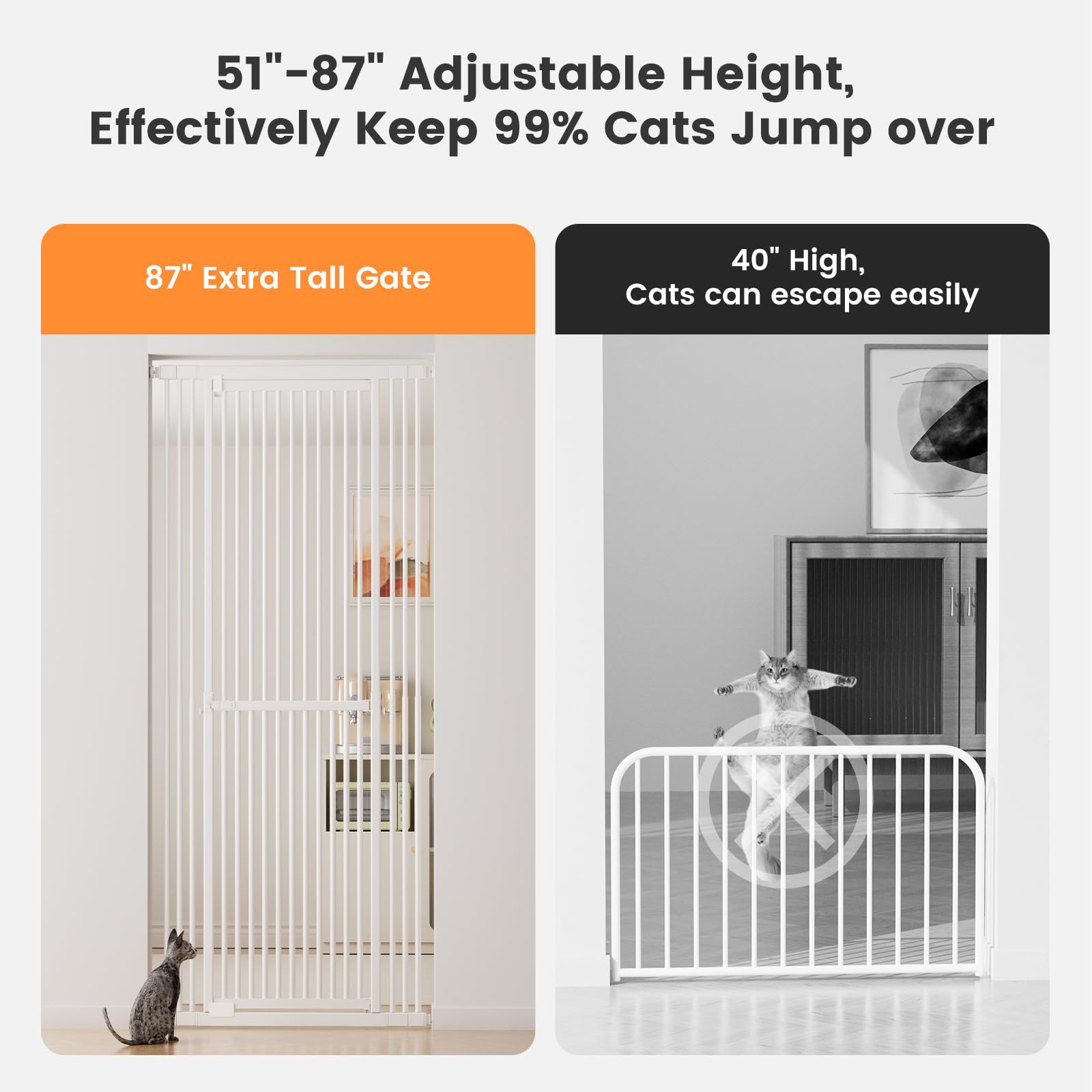 Gardner Pet 51-87 Extra Tall Cat Gate for Doorway, Wide Adjustable 27.56-37 Baby Gate Included 4 Extension Kits, Pressure Mounte