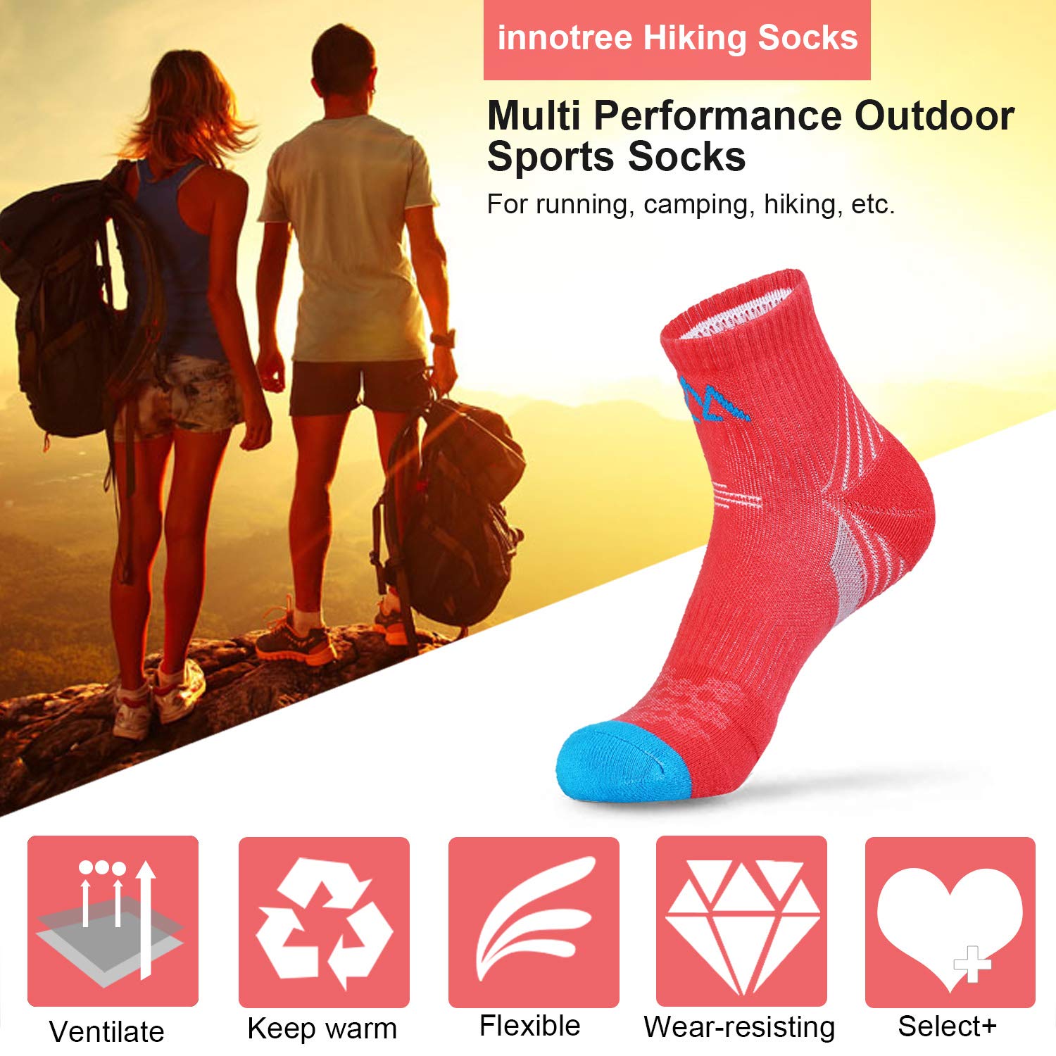 innotree 5 Pack Women's Cushioned Quarter Ankle Hiking Socks - Blue, Pink, Purple, Orange, Black, Size 10