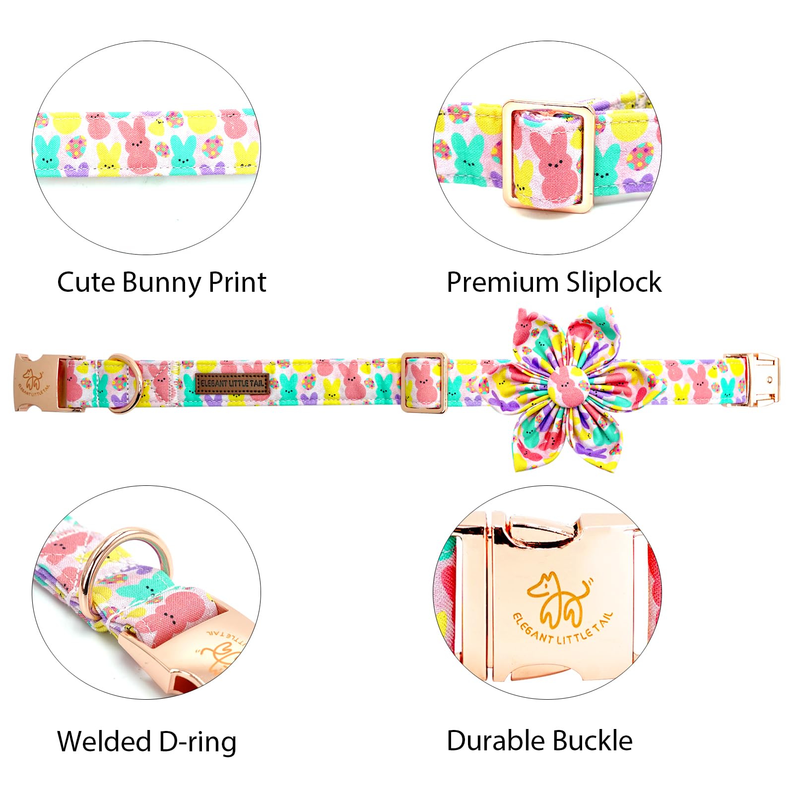Elegant Little Tail Pink Bunny Print Dog Collar, Adjustable X-Small Puppy Collar With Removable Flower Bow, 8-12 Inches