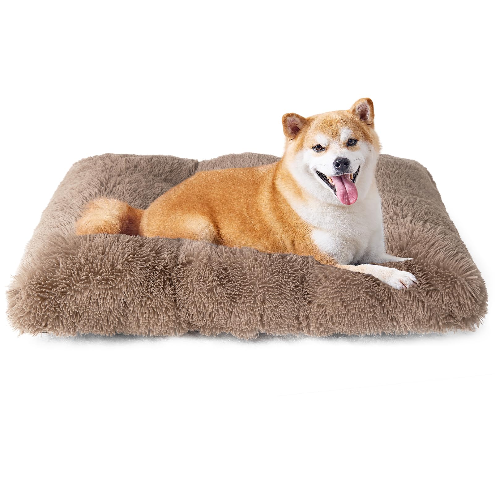 Eheyciga Fluffy Dog Crate Bed For Large Dogs, Plush Faux Fur Dog Crate Pad, Calming Anti Anxiety Large Dog Bed For Crate, Washable Soft Warm Dog Crate Mat With Non-Slip Bottom, Camel