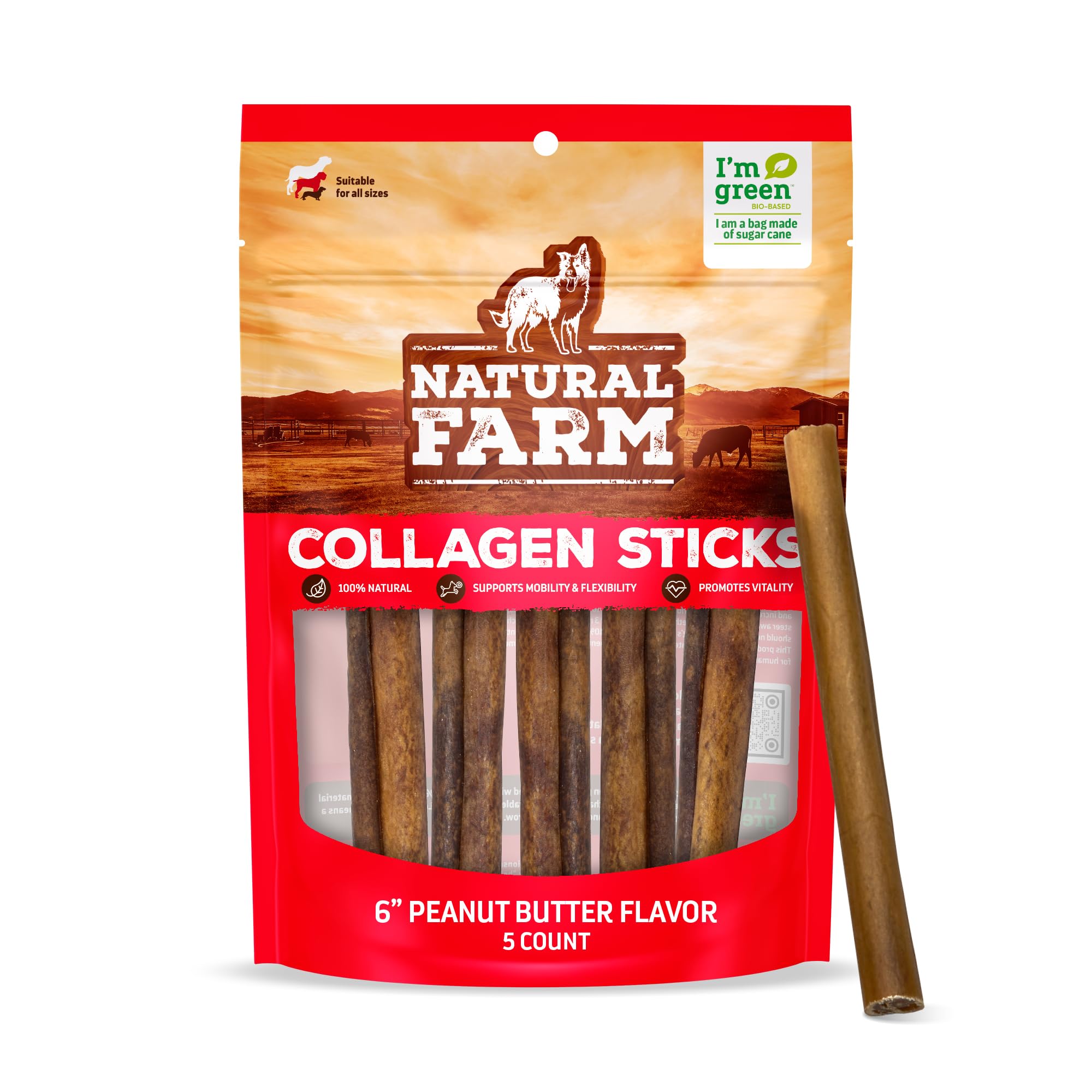 Natural Farm Peanut Butter Stuffed Collagen Sticks for Dogs (6 Inch, 5-Pack), Rawhide-Free Collagen Sticks, Natural Dog Chews, L