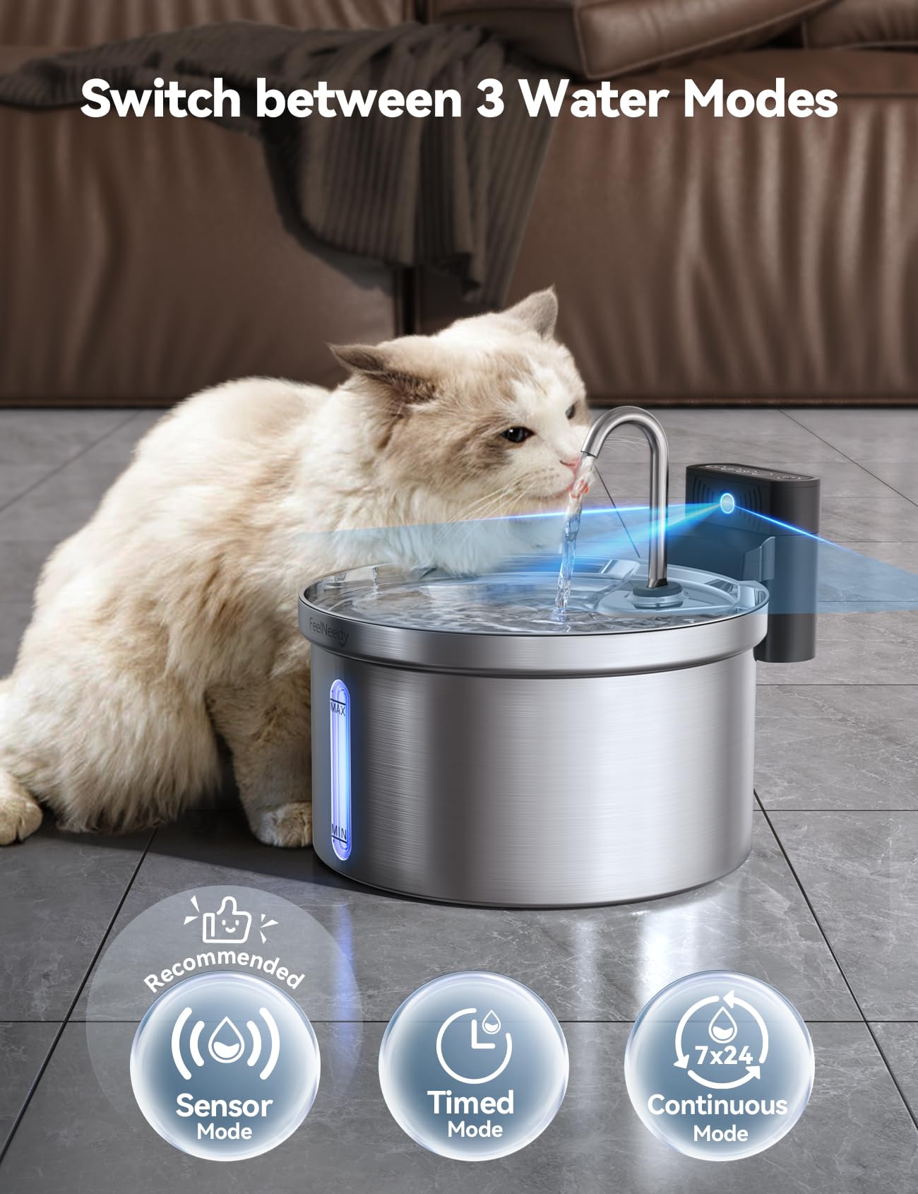 Wireless Cat Water Fountain [Water & Battery Separation] Feelneedy Stainless Steel Automatic Pet Water Dispenser, 4000Mah Batter
