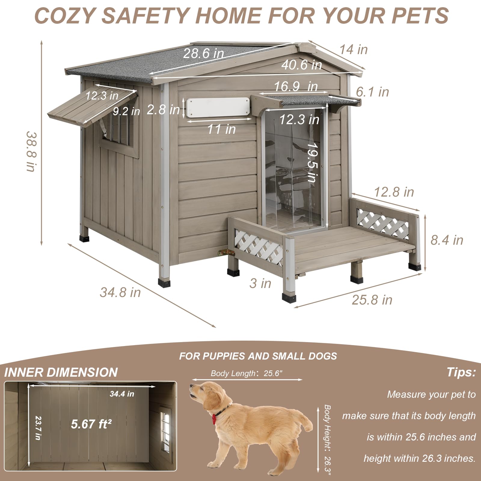 Ketive Large Outdoor Dog House 41" with Porch, Removable Floor, Grey Fir Wood, Model Dog House 67