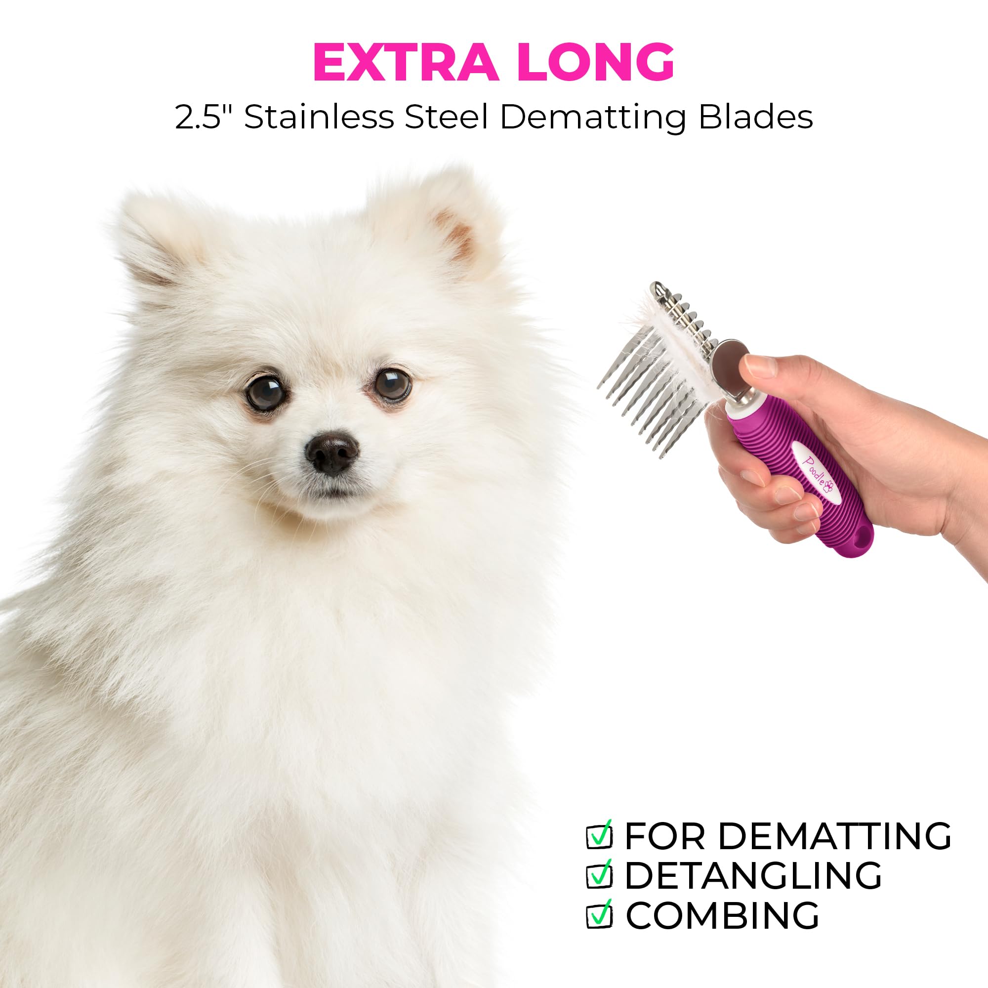 POODLIE Poodle Pet Dematting Comb - Pink Rubber Brush with 2.5" Steel Blades for Dogs & Cats