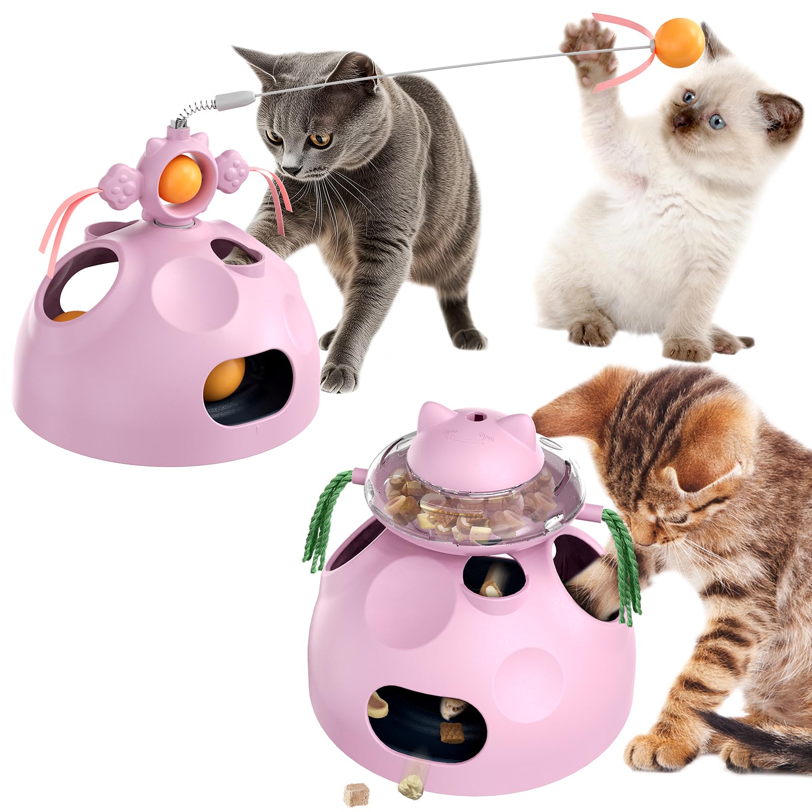 TERLOPBON Cat-Infused Interactive Toys: 2-in-1 Food Slow Feeder for Indoor Cats/Kittens - Enrichment Toys with Feather Teaser (P