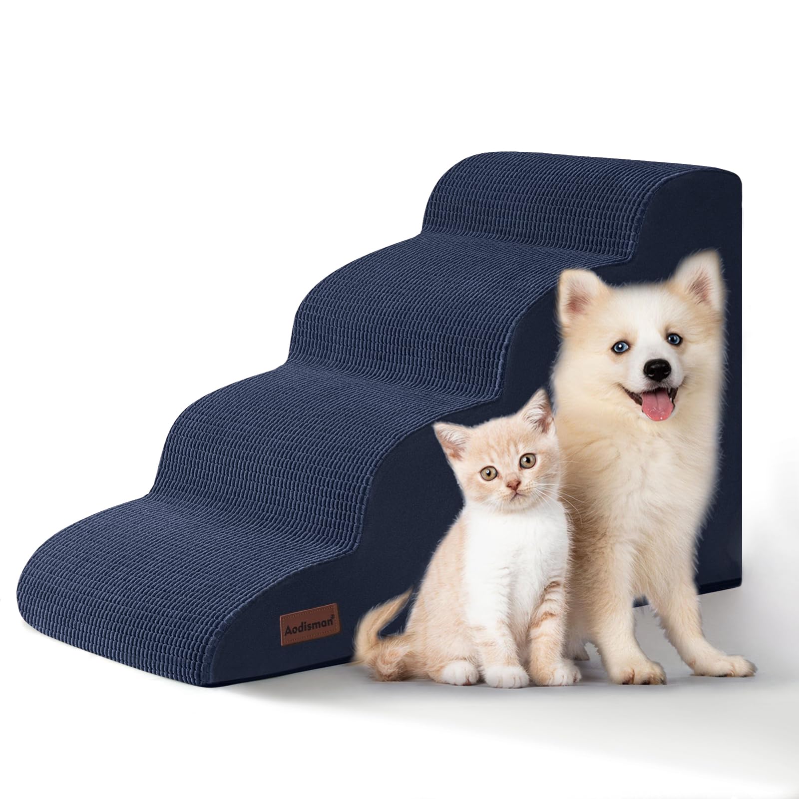 Aodisman 4-Step Dog Stairs and Ramp for Beds or Couches,Non-Slip Sturdy Pet Steps for Small Dogs and Cats,17.4 H,Blue