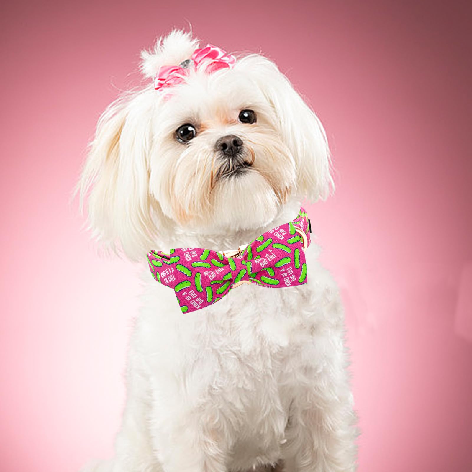 Elegant Little Tail Dog Collar, Dill Pickles Print Pet Collars With Bow Soft Cutton Boy Puppy Gift Adjustable Pink Bowtie Dog Co