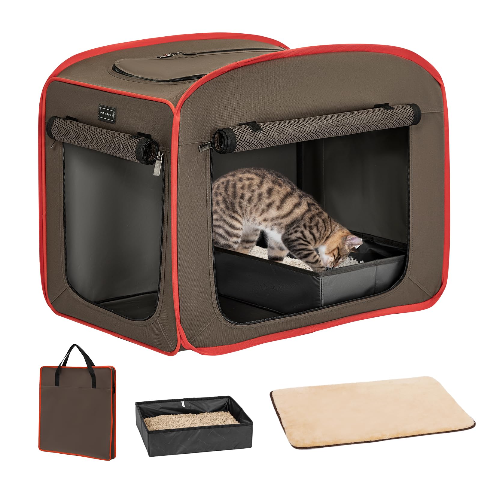 Petsfit Portable Cat Crate With Litter Box And Soft Cushion, Collapsible Pop Up Cat Kennel With Carrying Bag For Travel