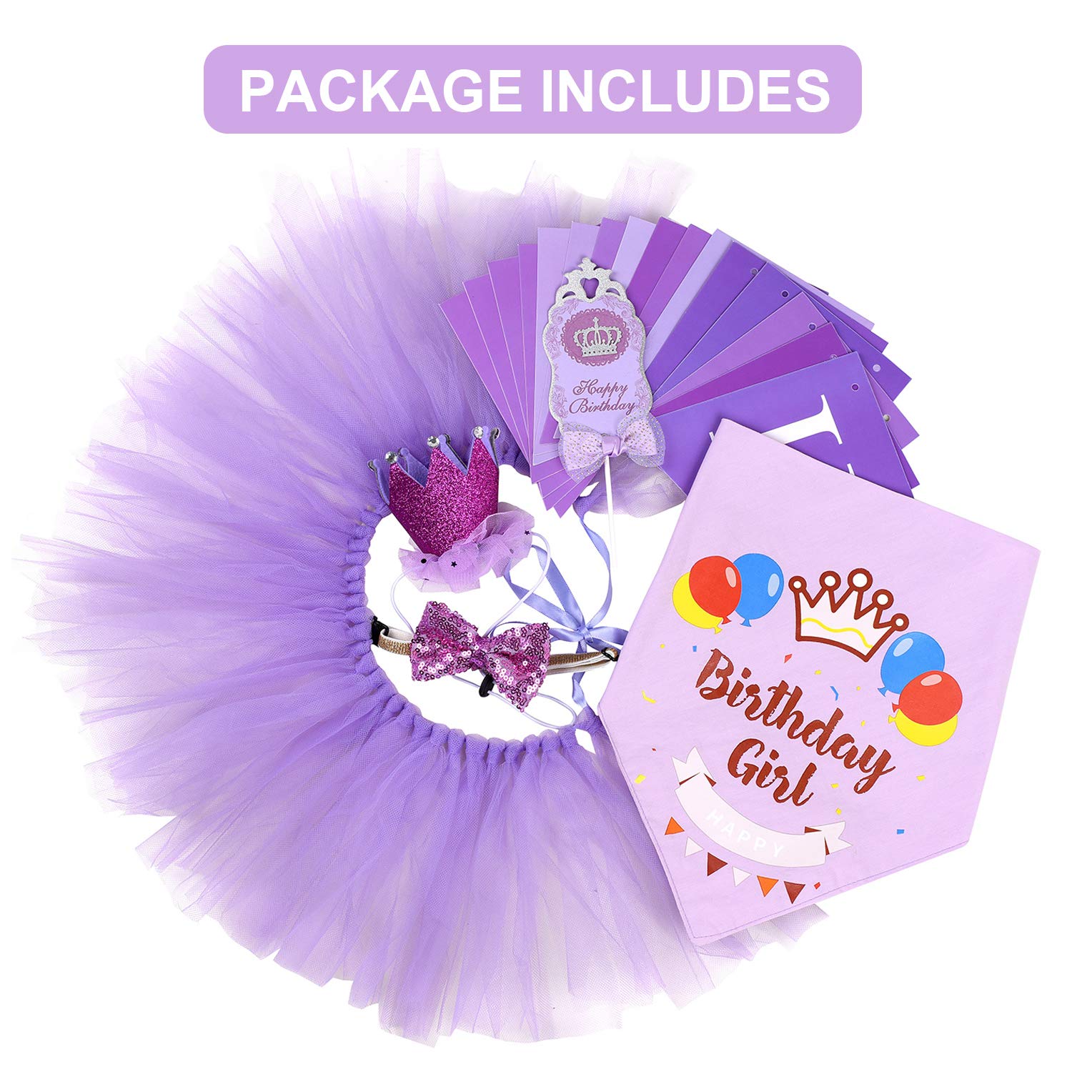 Cozifree Dog Birthday Bandana Girl Boy 6Pcs Birthday Party Supplies - Tutu Skirt Crown Hat Scarf Tie Happy Birthday Banner Cake Topper Decorations Birthday Outfit For Pet Puppy Cat Purple