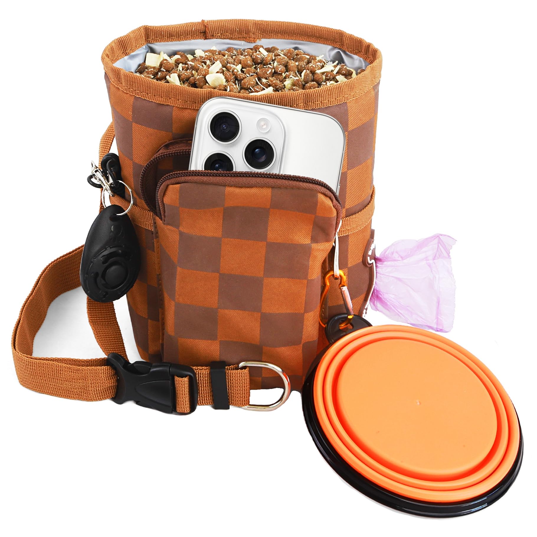 CAISATEQ Pro Dog Trainer Sling Bag: Waterproof Oxford, 1-Hand Access & Phone Pocket | Includes Clicker/Bowl (Checkerboard Brown)
