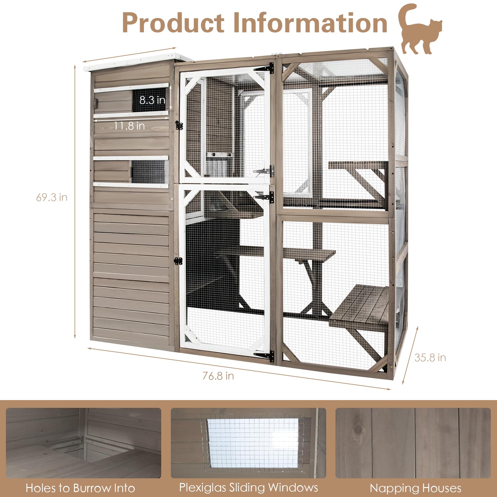 Ketive Catio Outdoor Cat Enclosure, Large Cat House Cat Cage Condo Indoor Playpen Kitty Shelter With Multi-Level Platforms, Wate