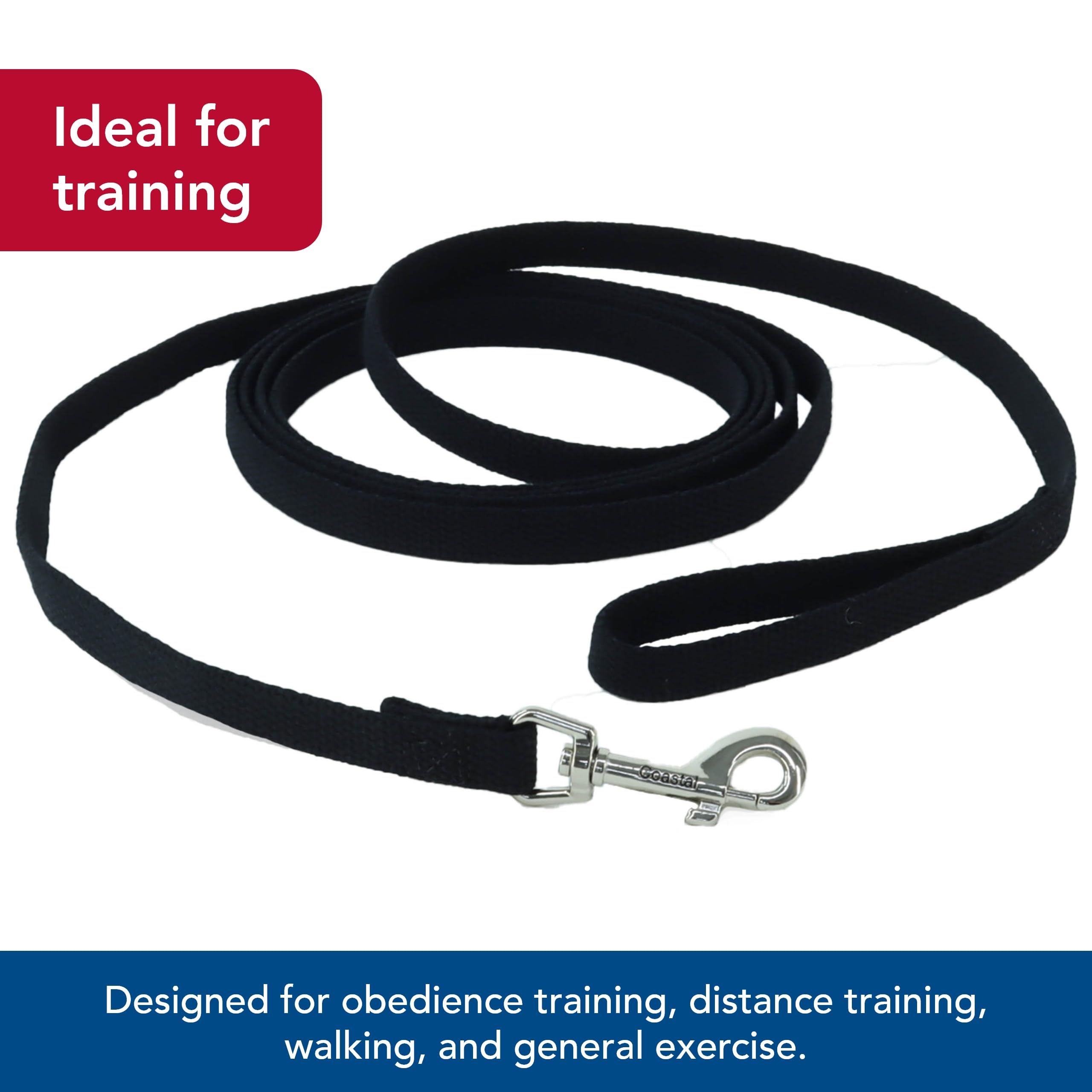 Coastal Pet Train Right Cotton Web Dog Training Leash - 100% Cotton - Durable Dog Walking Leash - For Puppies - Quality Training Supplies - Black, 5/8' X 10'