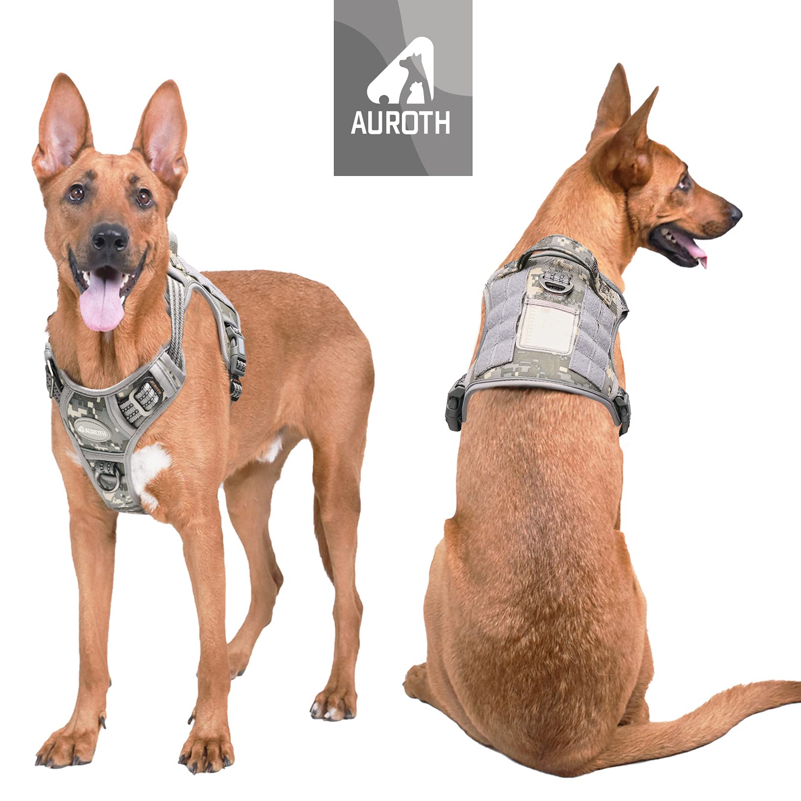 AUROTH Tactical Dog Harness, No Pull, Reflective, XL, Grey Camo, Nylon, Adjustable, for Small Medium Large Dogs