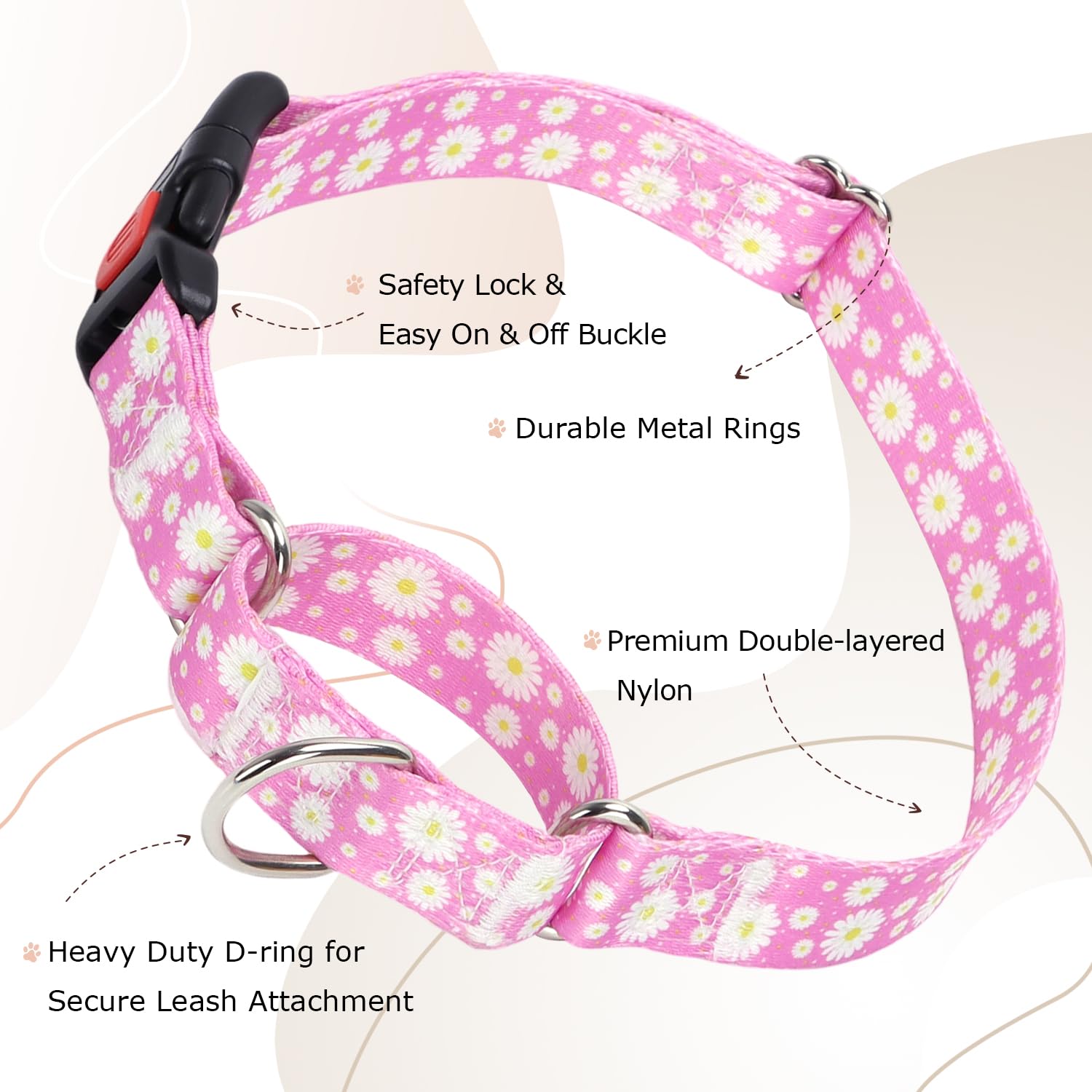 Martingale Collar For Dogs, Pink Daisy Flowers Martingale Dog Collar Adjustable Premium Collar With Quick-Release Buckle, Perfec