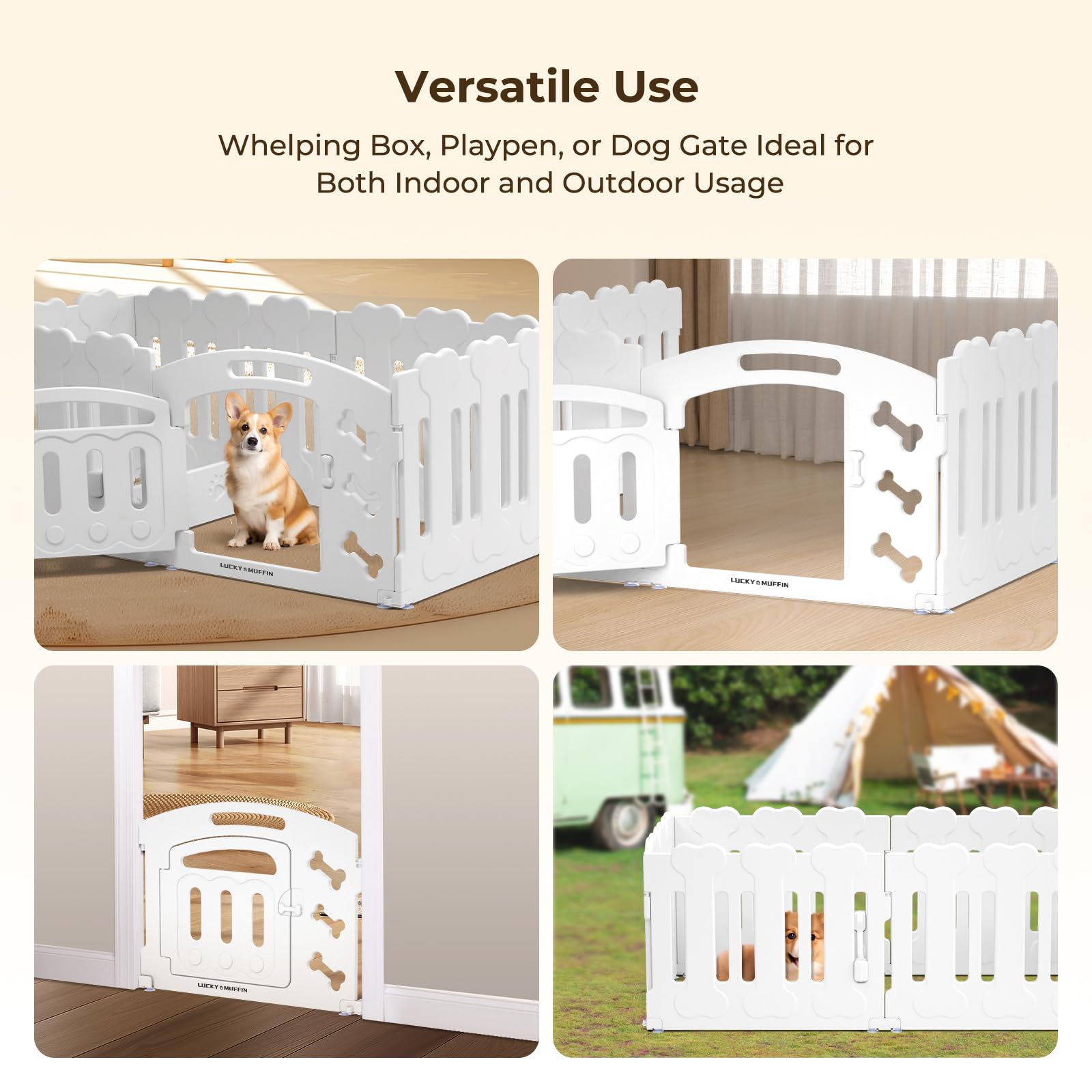 LUCKY MUFFIN Dog Playpen & Whelping Box, 8-Panel Lightweight Plastic Fence, Regular Size, White, Model LM-WB1-REG-WT-8