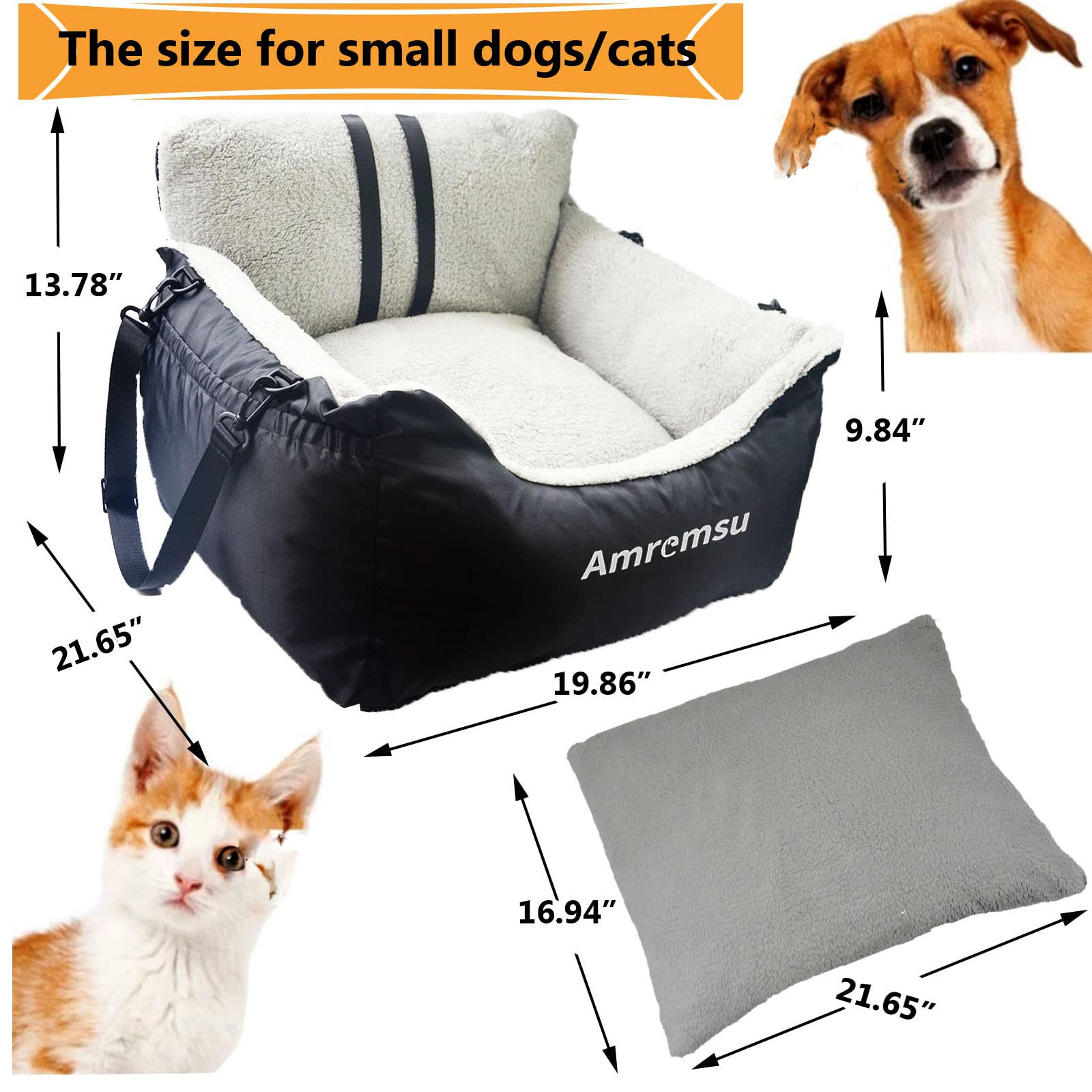 Small Dogs Car Seat,Fully Detachable And Washable Ultra Soft Car Travel Bed, With Clip-On,Two Portable Handle And Storage Pockets Puppy Dog Booster Seats,Portable Dogcar Travel Carrier Bed