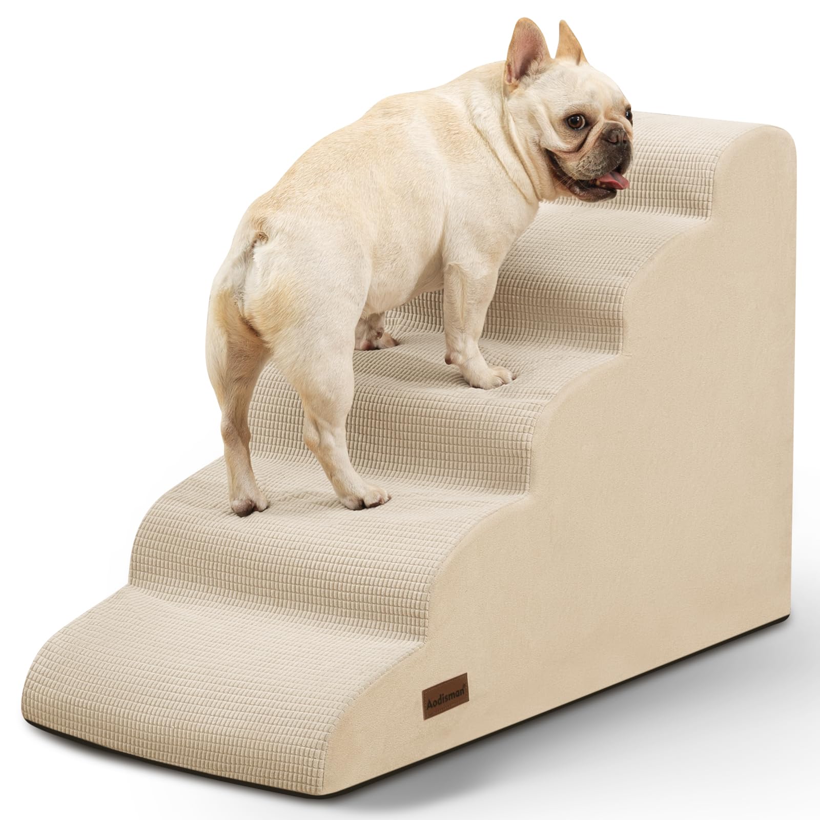 Aodisman 5-Step Dog Stairs and Ramp for High Bed,Non-Slip Sturdy Pet Steps for Small Dogs and Cats,22.2 H,Beige