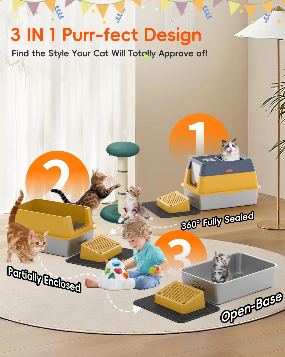 Casanest Xl Extra Large Stainless Steel Cat Litter Box With Lid, 3-In-1 Enclosed/Open, Durable Metal Litter Box For Big, Multi C