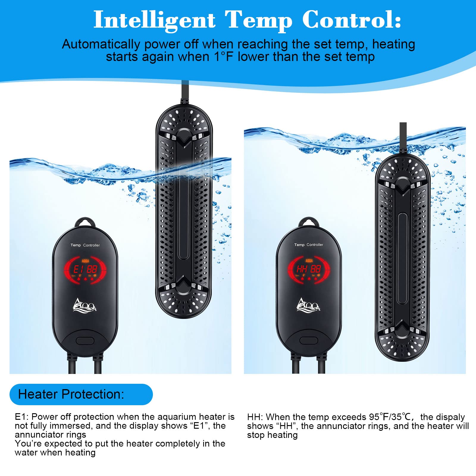 AQQA 800W Submersible Aquarium Heater for 80-220 Gallon Fish Tanks - Ideal for Freshwater & Saltwater, Model GUS-AQ029