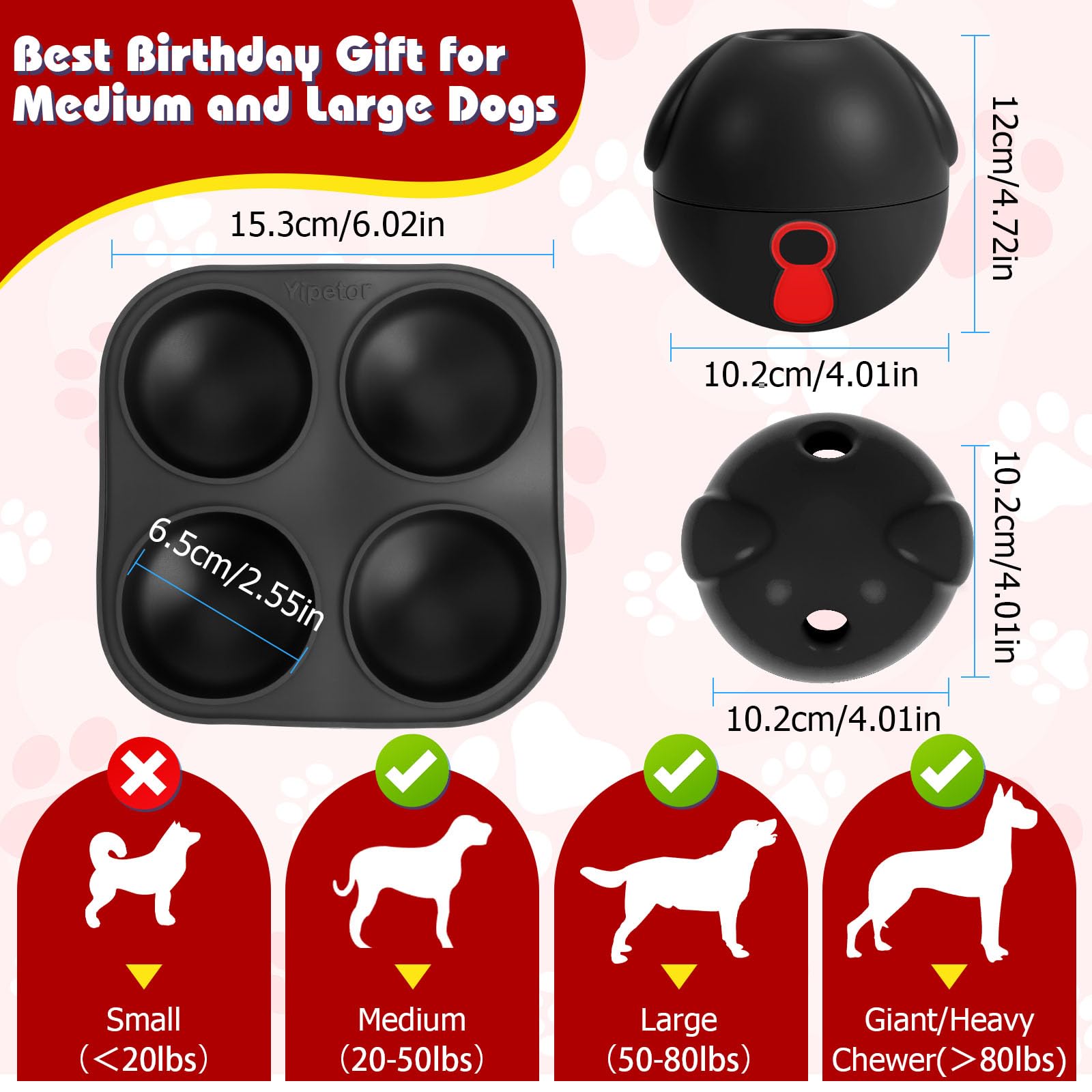 Yipetor 3In1 Treat Dispensing Dog Toys, Heavy Duty Frozen Dog Treat Ball - Slow Feeding Puppy Lick Bowl Tough Chew Toy for Large