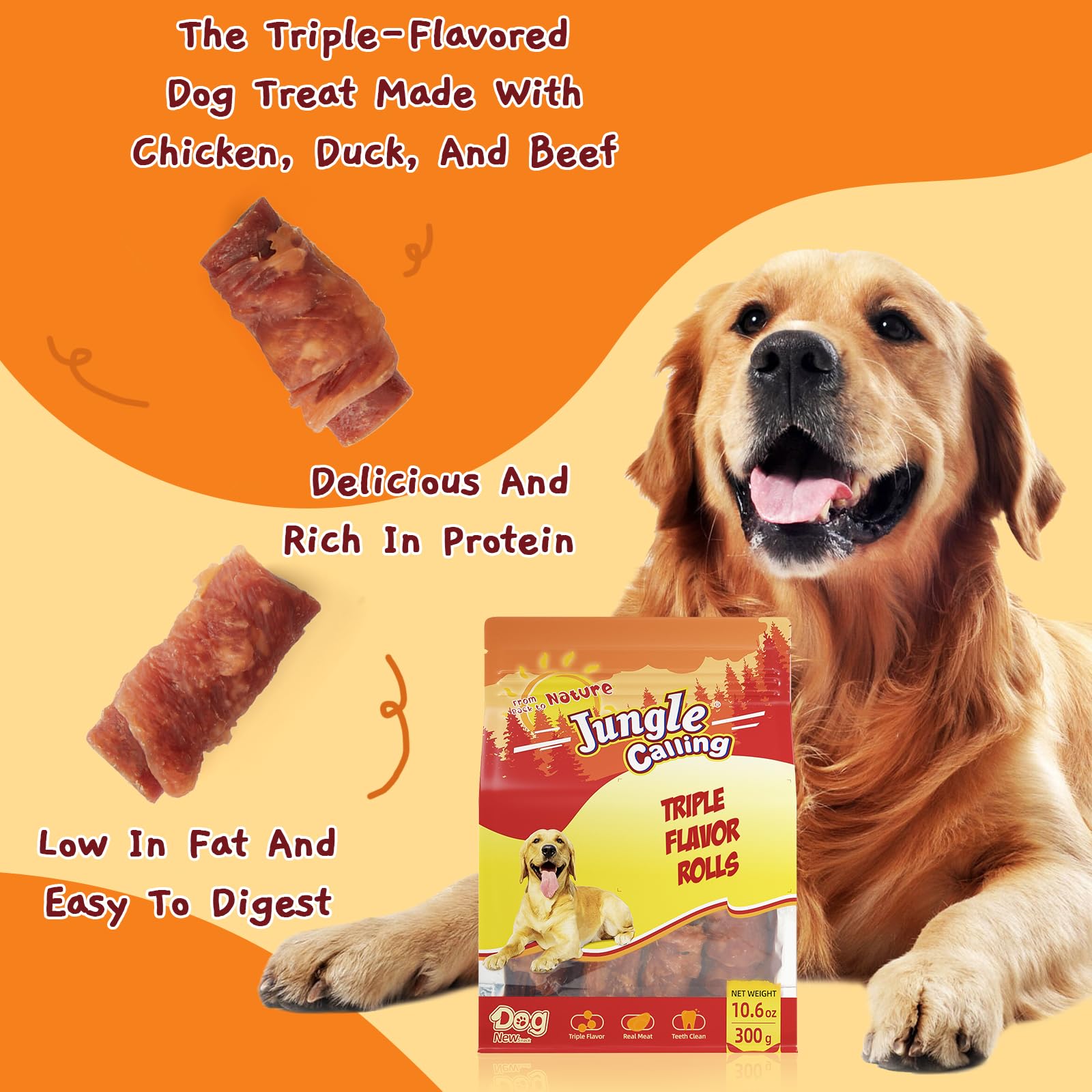 Jungle Calling Triple Flavor Rolls Dog Treats, Chicken Duck Beef, Rawhide Free, 10.6 oz, High Protein, Easily Digestible