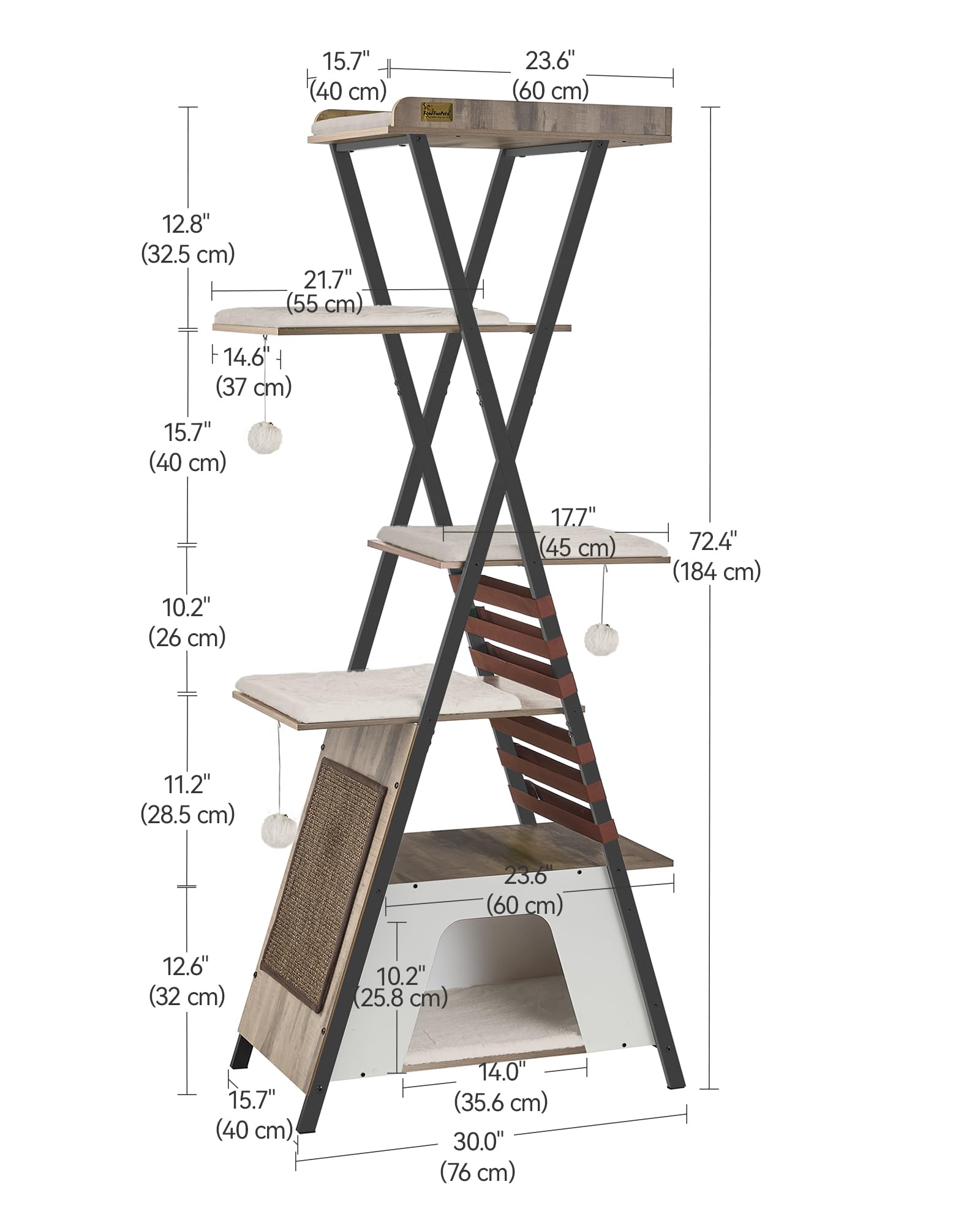 FourFurPets Cat Tree 72.4" Multi-Level Condo, Wooden, Large, Camel Brown, Model 111PMJA05G02, with Scratching Board and Removable Pads