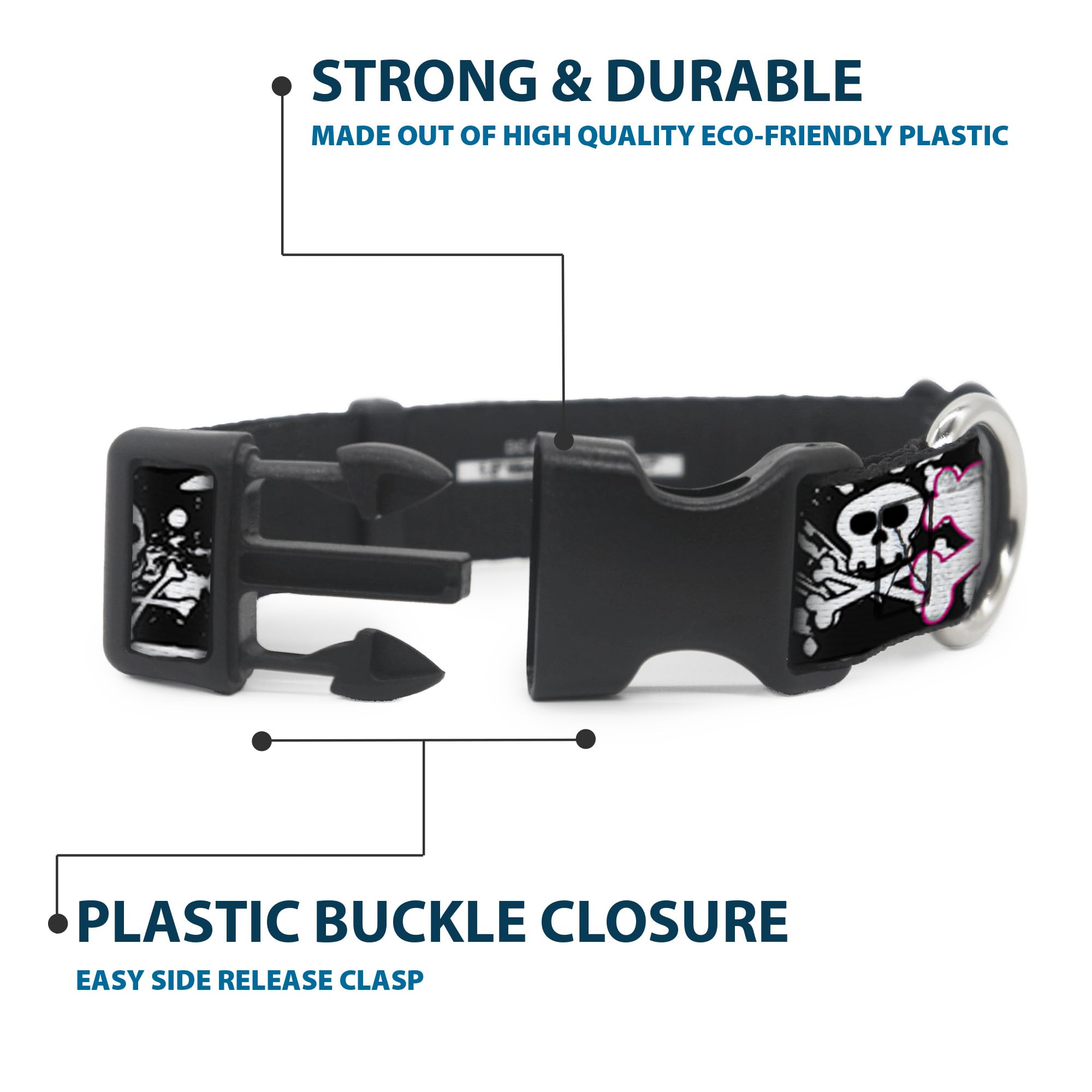 Buckle-Down 13-18 Punk Heart & Cross Bones with Skulls & Splatter Black/White Plastic Clip Collar, Wide Small
