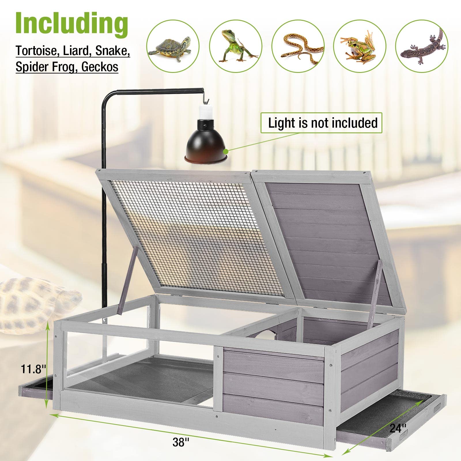 Gutinneen Tortoise Habitat Indoor Tortoise Enclosure With Adjustable Reptile Light Stand Large Wooden Turtle Cage With Two Trays