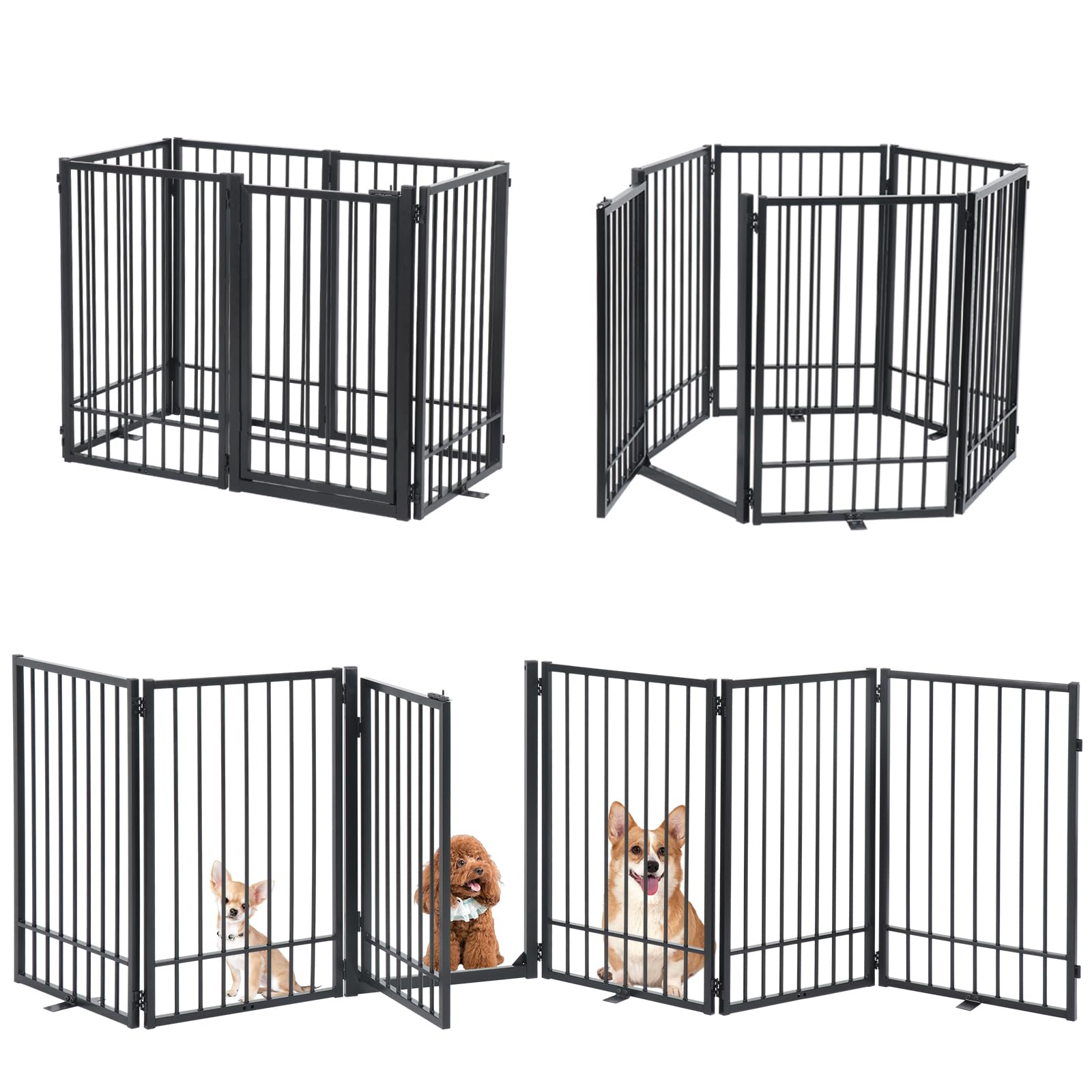 Smonter Free Standing Dog Gate With Door Walk Through, 120'' Extra Wide Indoor Dog Fence, 31.5'' Height 6 Panels Foldable Metal 