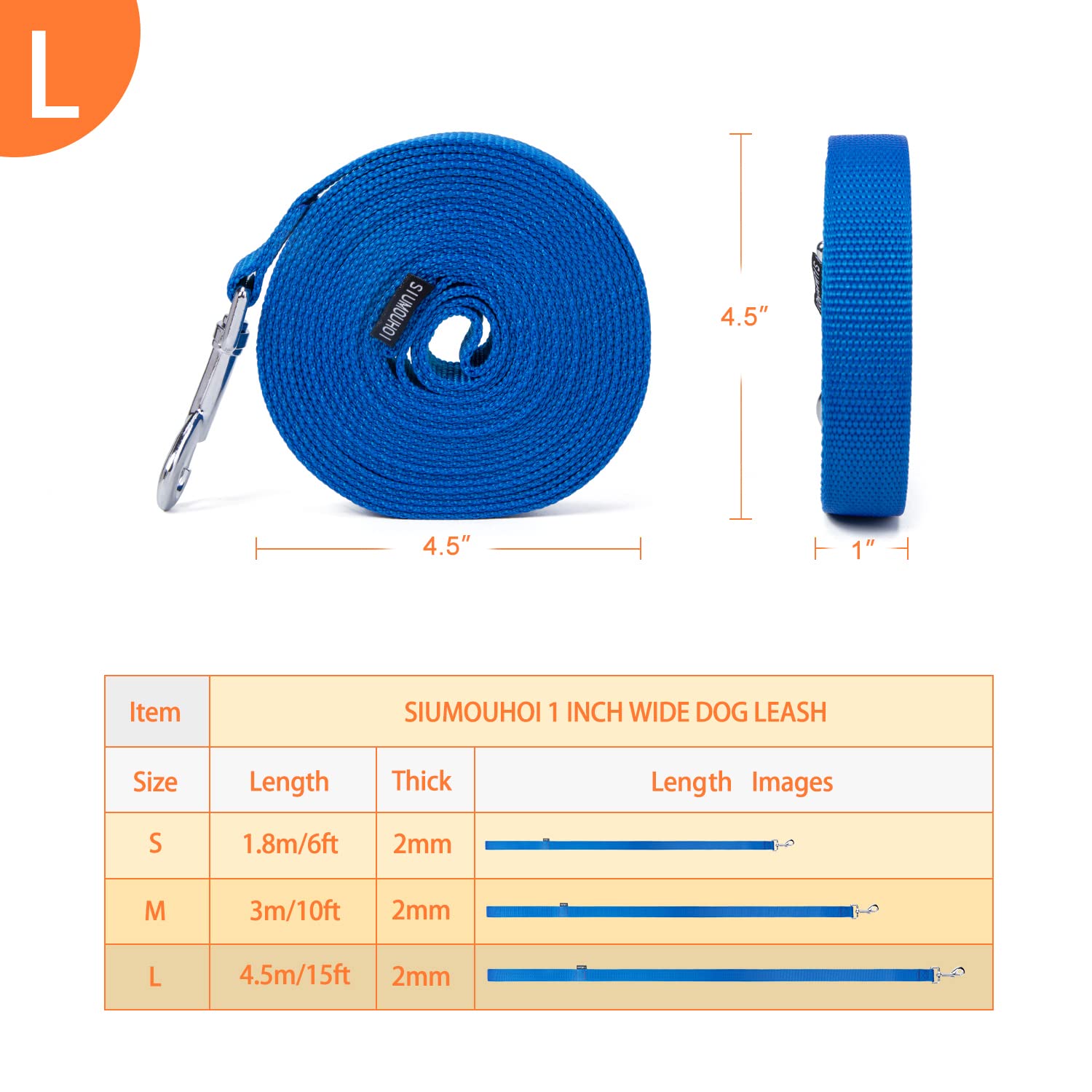 Siumouhoi Strong Durable Nylon Dog Training Leash, 1 Inch Wide Traction Rope, 6 Ft 10Ft 15Ft Long, For Small And Medium Dog (Blue, 15 Feet)