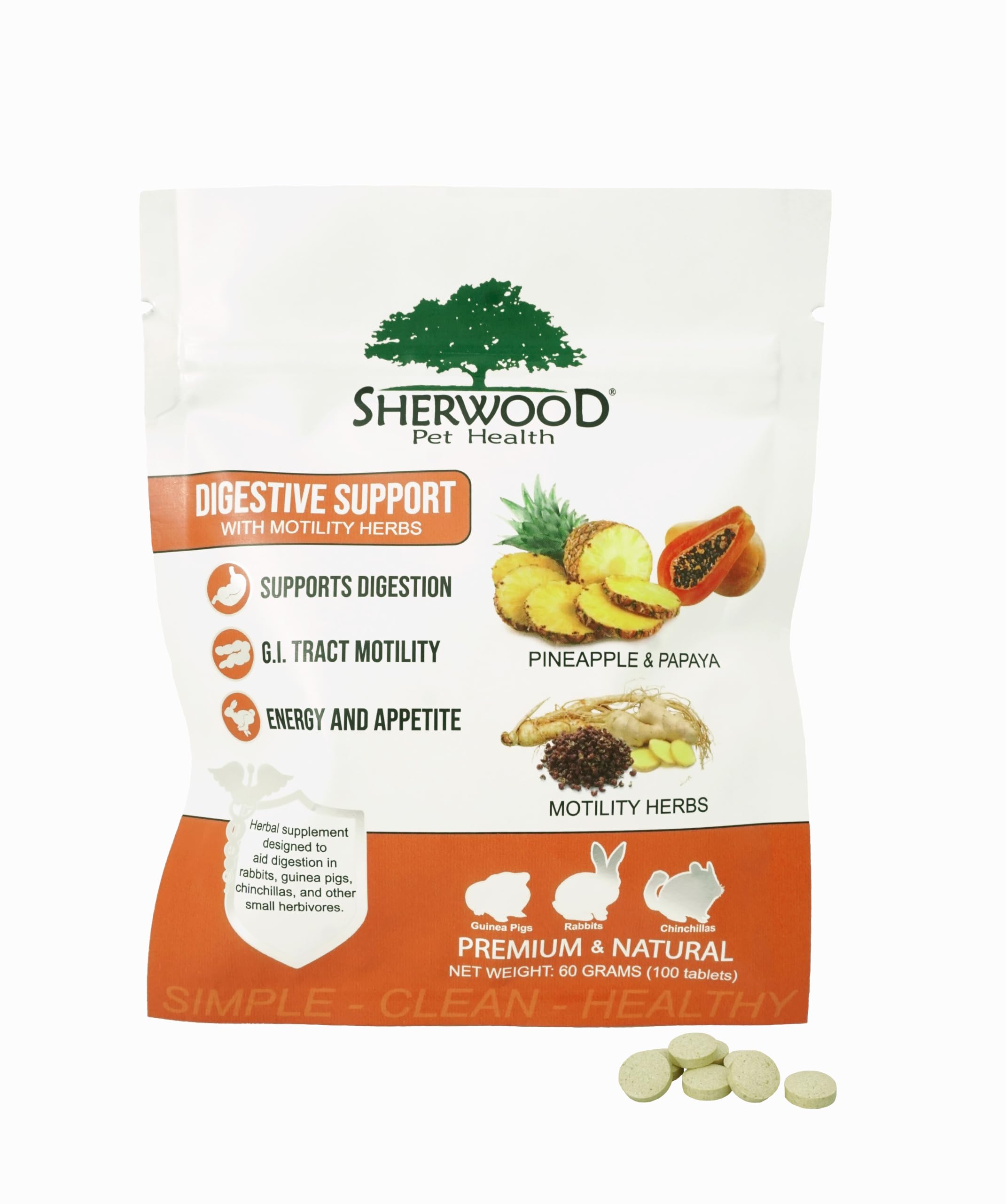 Sherwood Pet Health Digestive Support, Papaya (100 Tablets - 60 Grams). Contains Natural Motility Herbs That Regulate The Digest