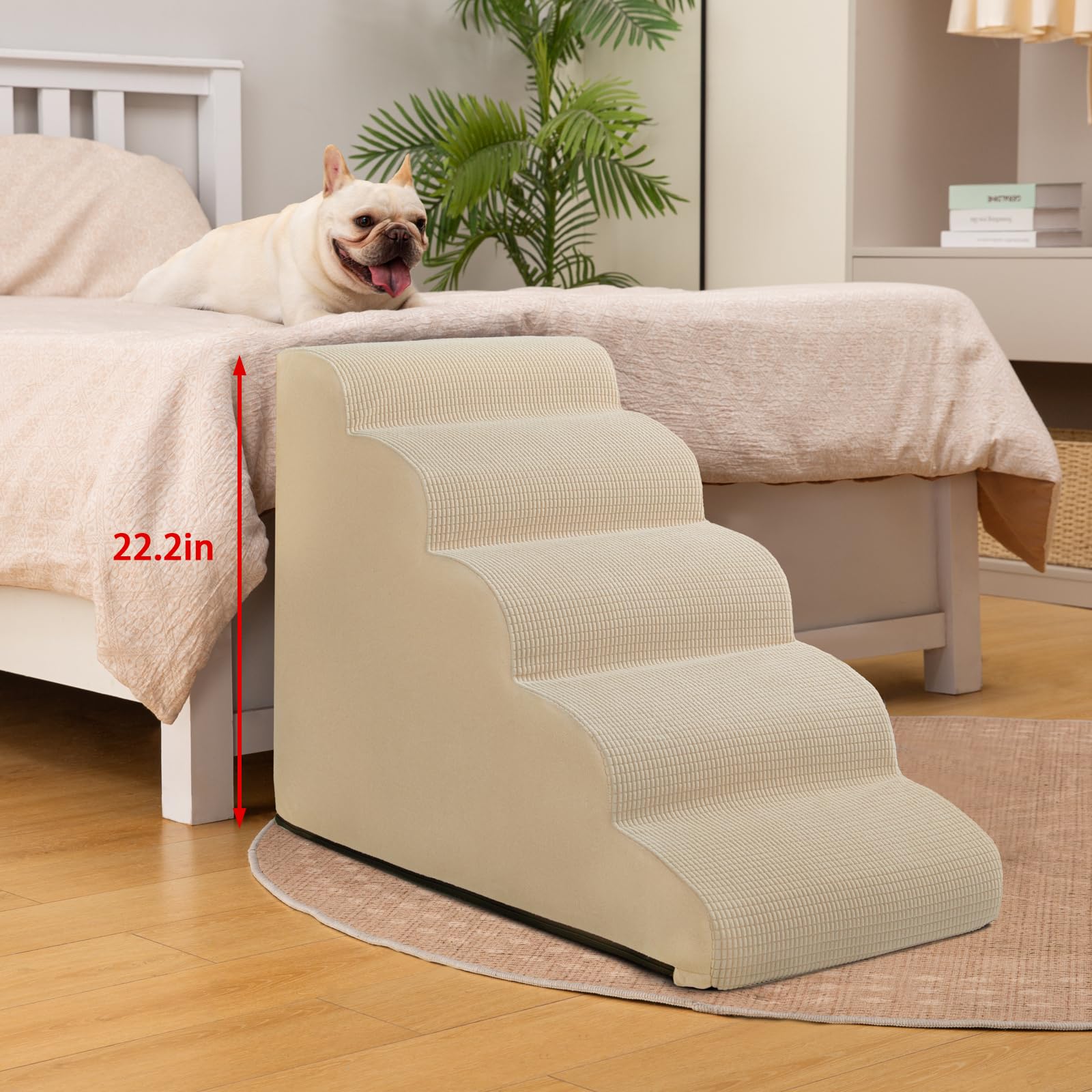 Aodisman 5-Step Dog Stairs and Ramp for High Bed,Non-Slip Sturdy Pet Steps for Small Dogs and Cats,22.2 H,Beige