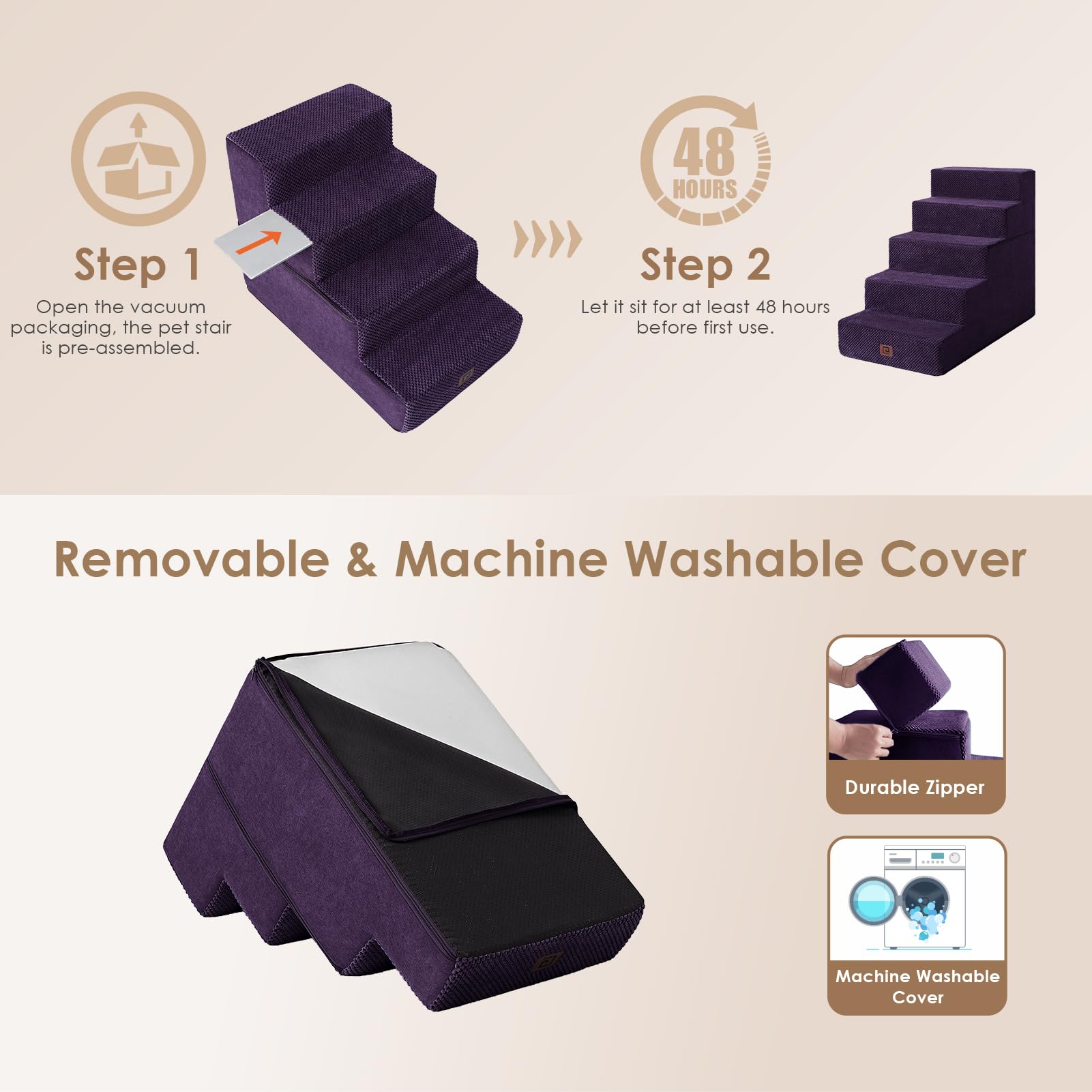Eheyciga Dog Stairs For High Bed 22.5”H, 5-Step Dog Steps For Bed, Pet Steps For Small Dogs And Cats, Non-Slip Balanced Dog Indoor Ramp, Purple