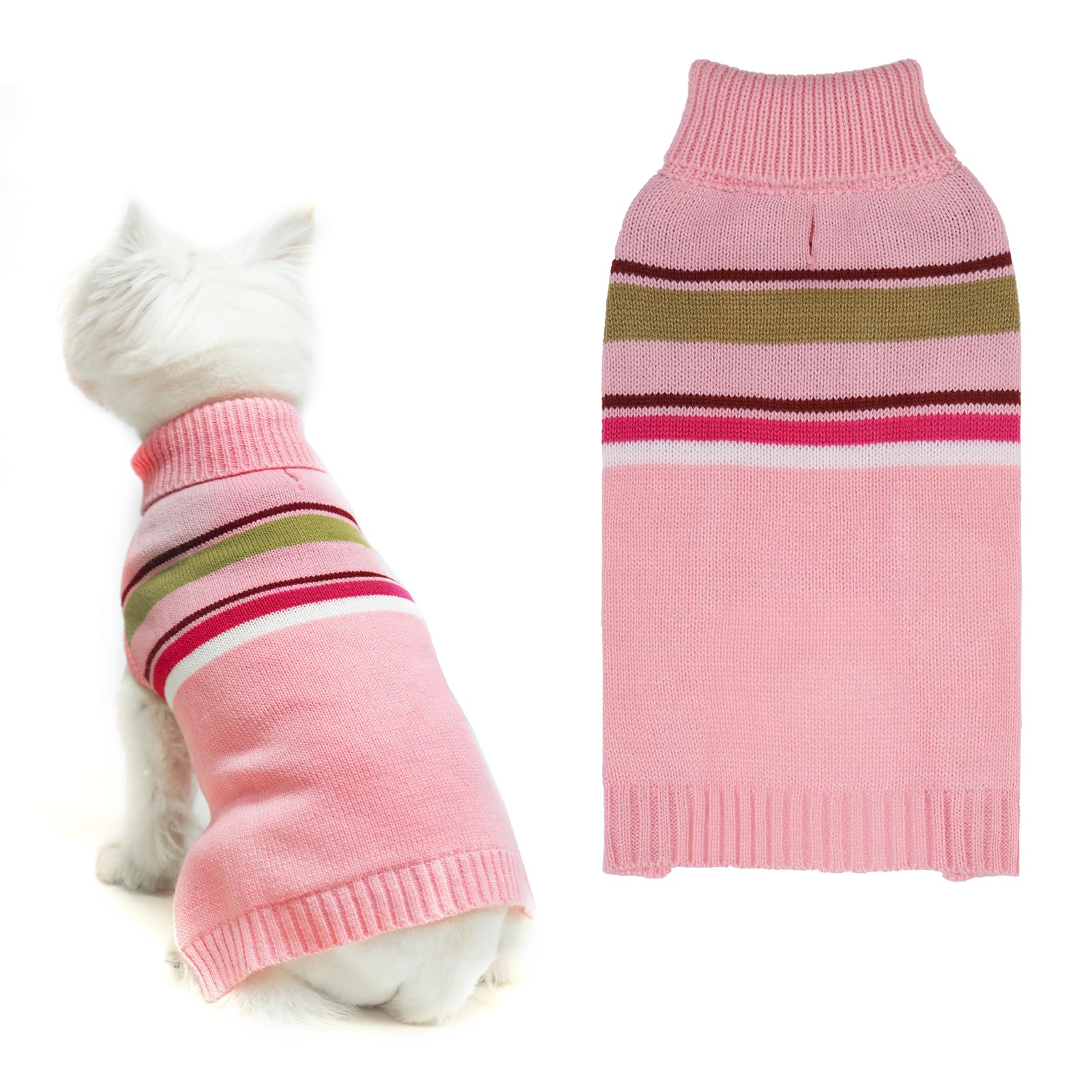 Pawchie Dog Sweater - Warm Turtleneck Coat With Leash Hole, Stretchy Knitted Outfit For Small To Large Dogs, Pink